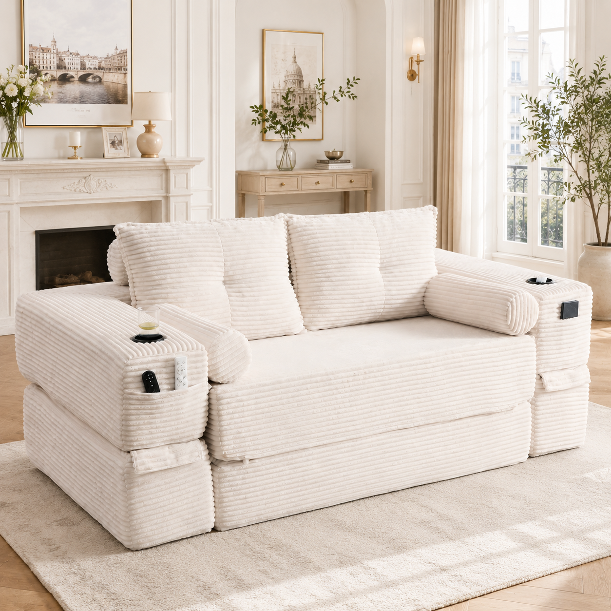 Canapé convertible 2 places en velours côtelé beige avec coffre, porte-gobelets et coussins mémoire de forme