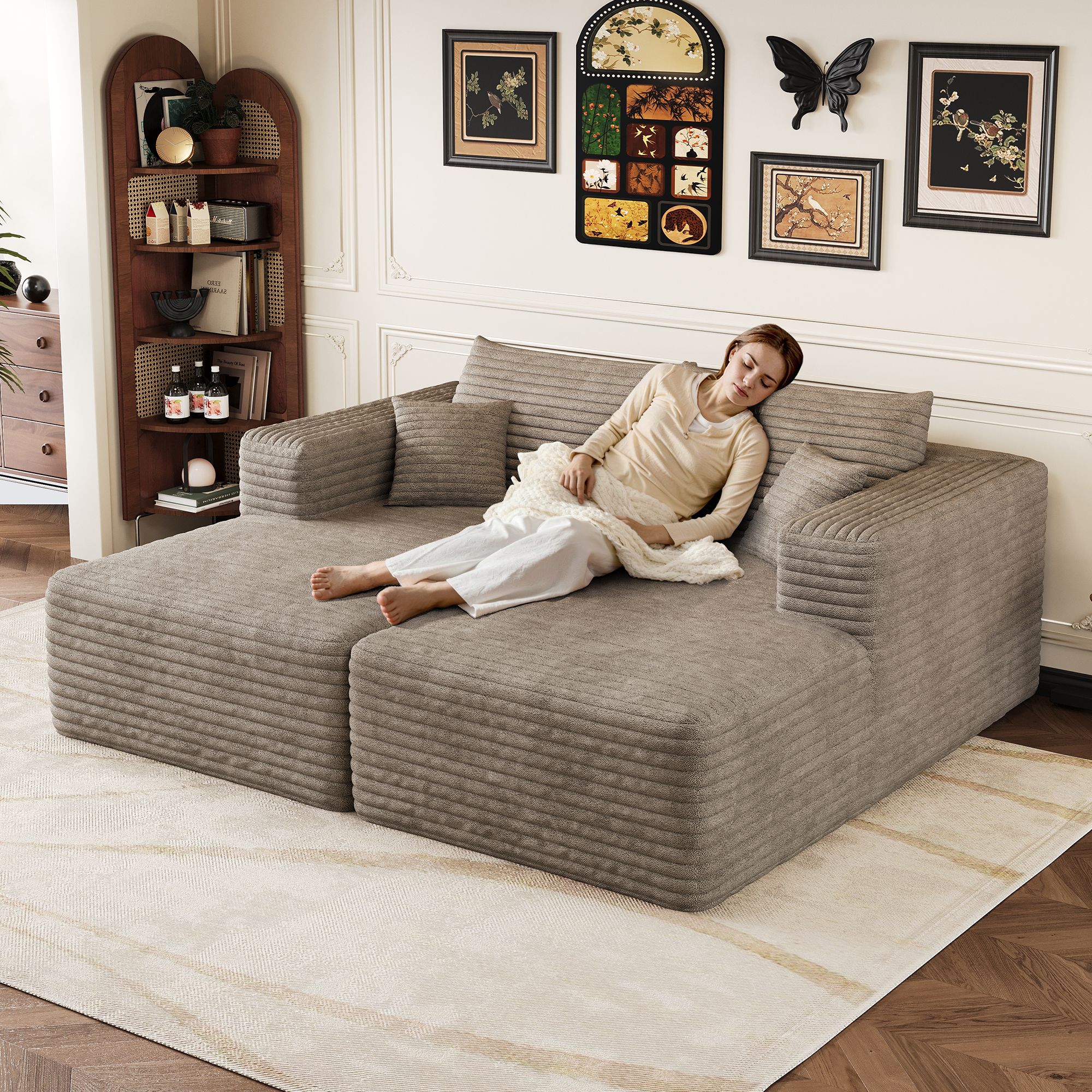 Canapé d'angle en tissu velours côtelé doux, assise profonde et dossier ergonomique, design épuré pour intérieur contemporain