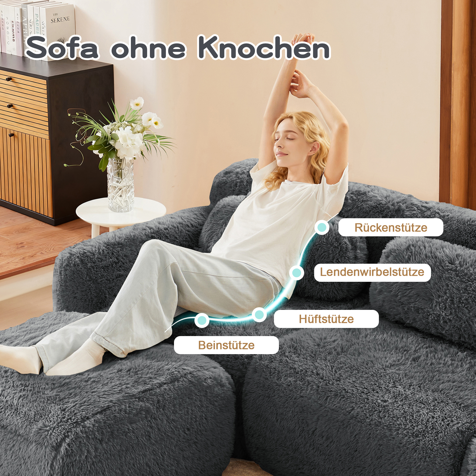 Canapé modulable panoramique sans dossier, confort cloud avec mousse haute résilience 32D, base antidérapante pour salon moderne