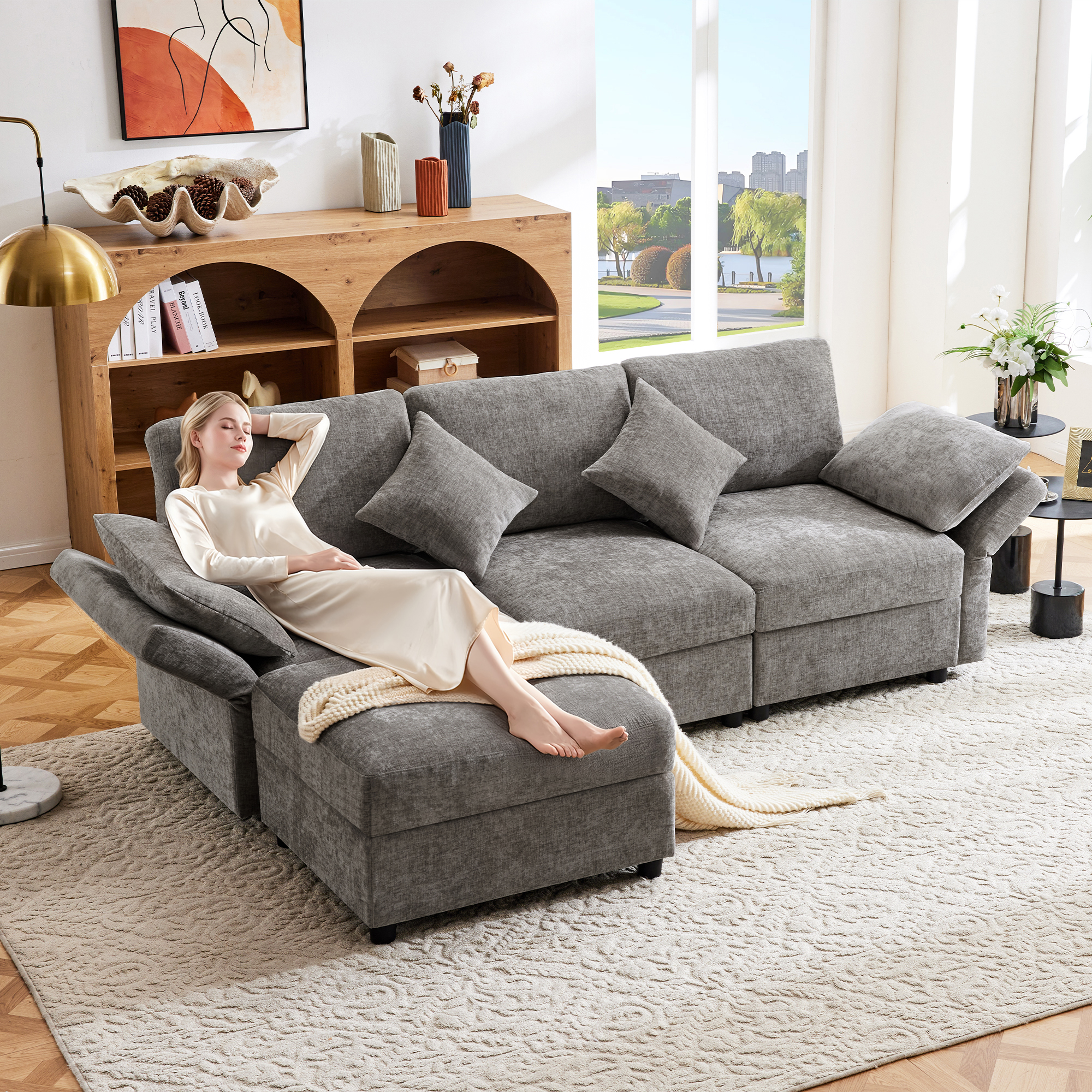 Canapé d'angle 3 places en tissu chenille gris avec structure métal et assise ressorts ensachés