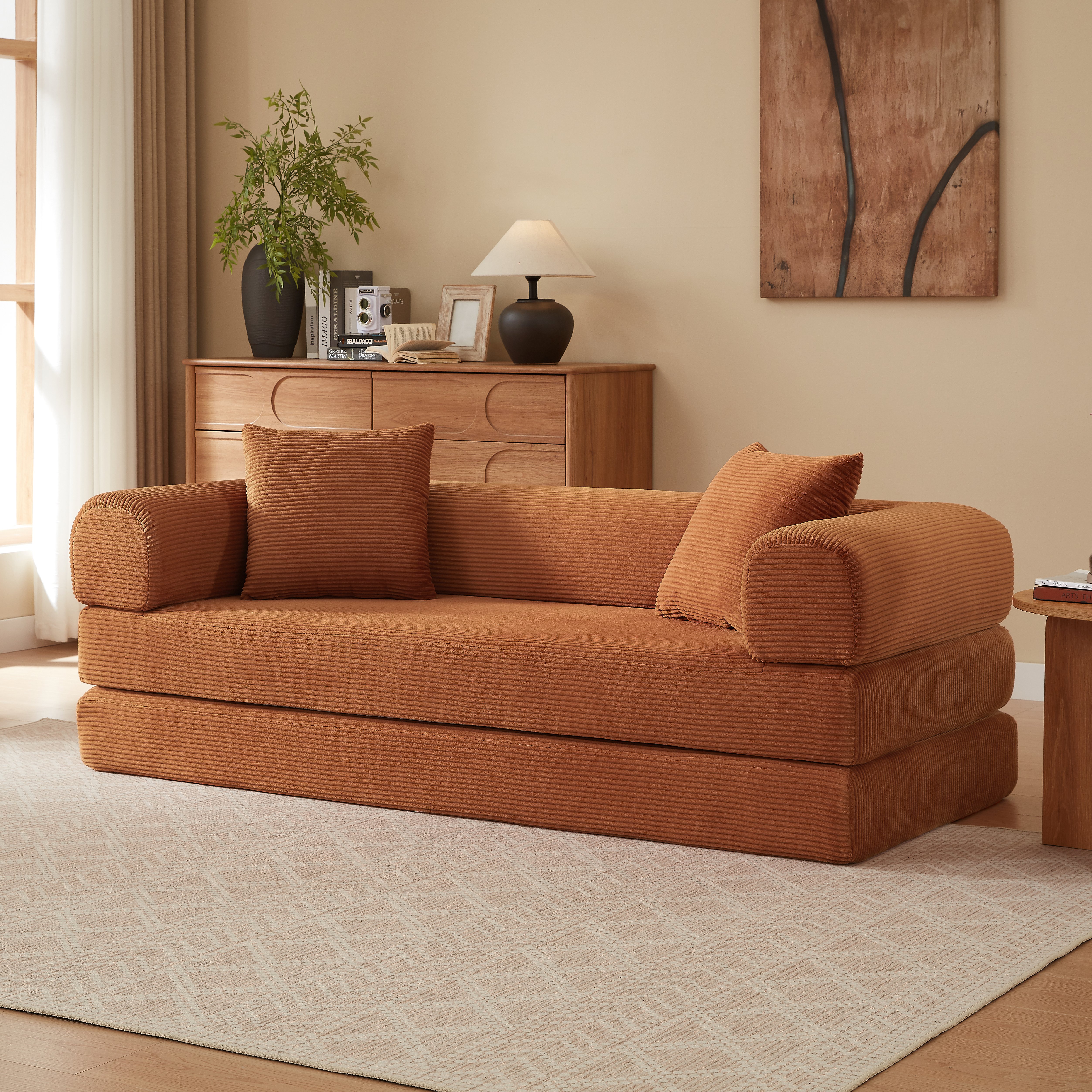 Canapé convertible 1 place Terracotta - Canapé-lit compact avec revêtement en velours et structure modulaire pour salon ou chambre