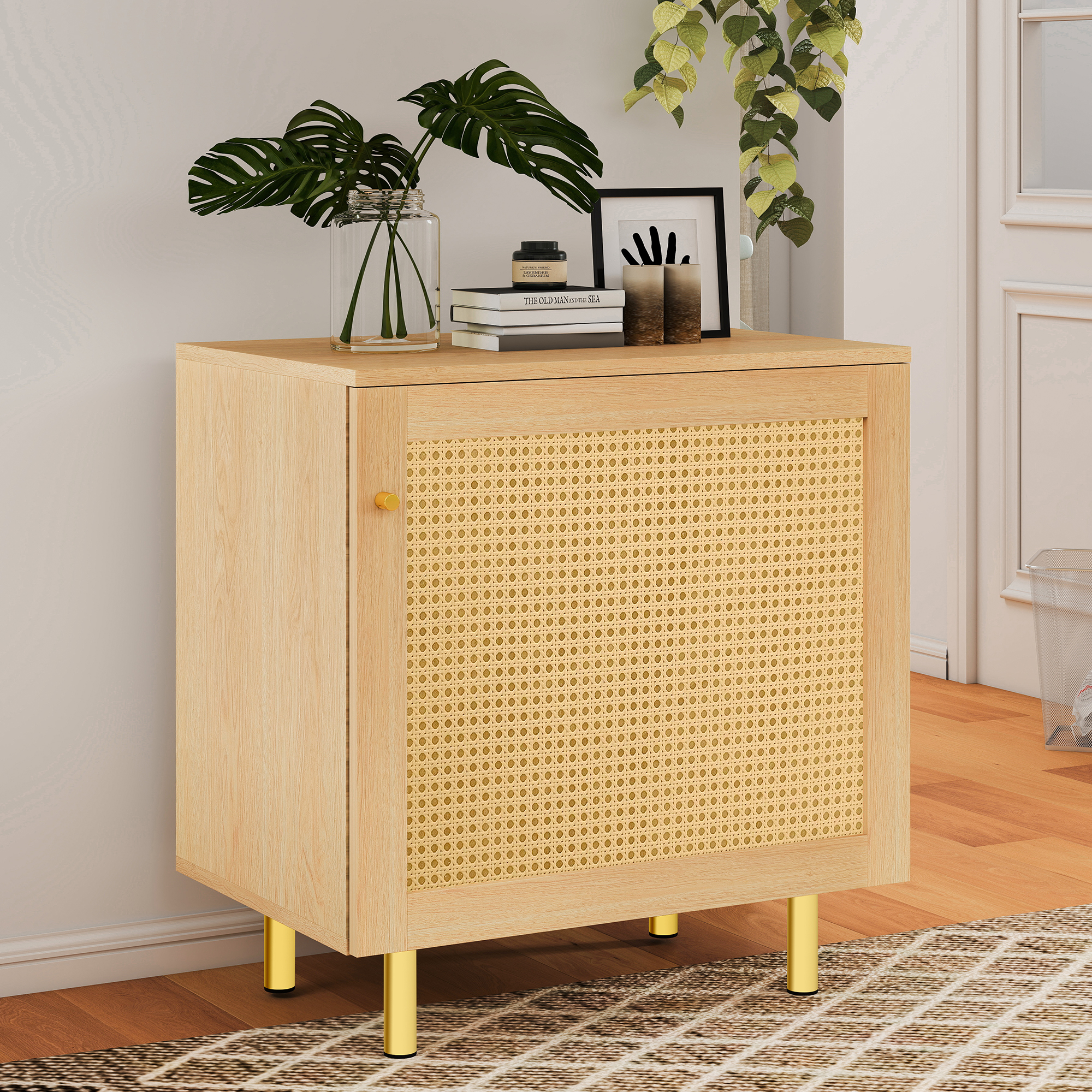 Table de chevet rustique avec porte tressée et tiroir, Meuble de rangement Panneau composite de fibres de bois à densité effet bois pour chambre ou salon, 60x40x63 cm