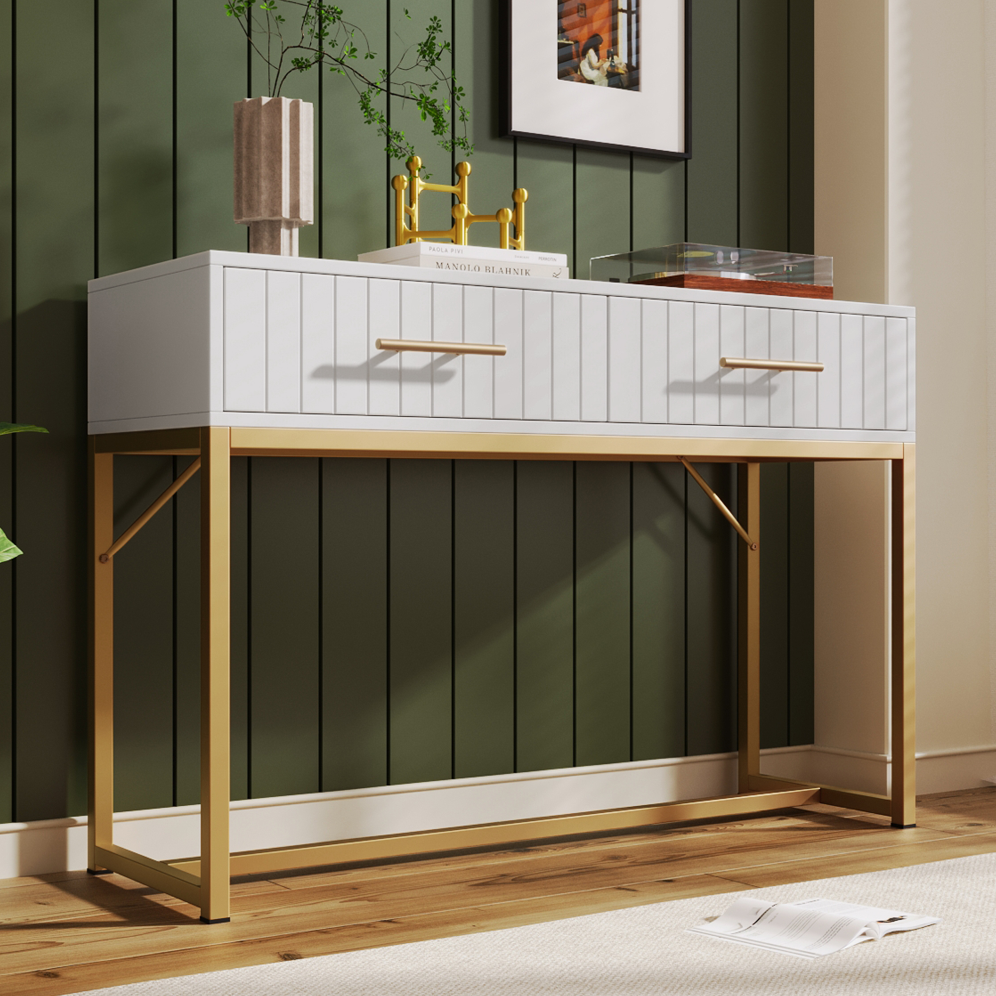 Buffet Blanc 100x75x45 cm avec 2 Tiroirs, Meuble Rangement Moderne Design Contemporain Panneau Particules
