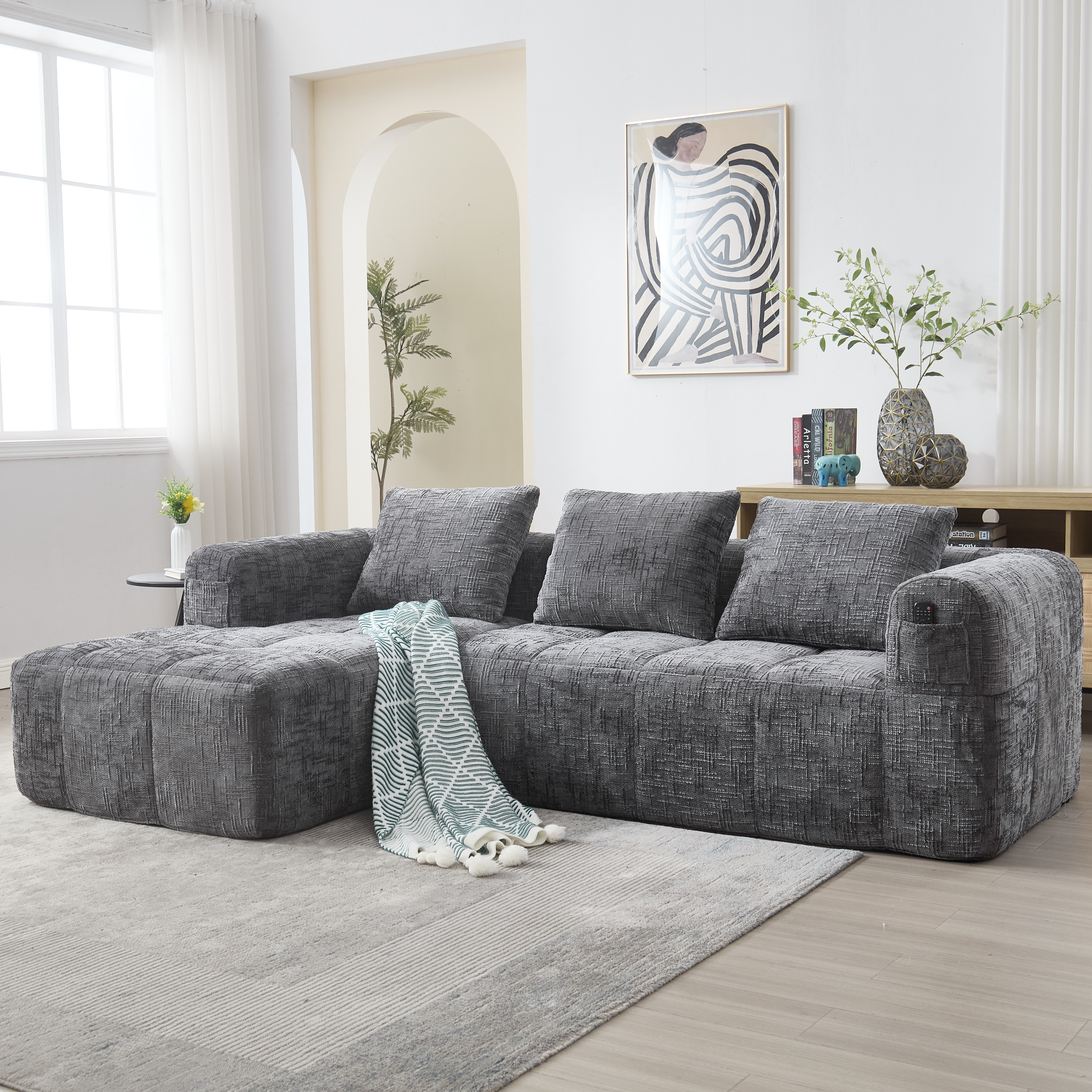 Canapé 3 places en chenille gris, structure rembourrée mousse haute densité avec méridienne et 3 coussins