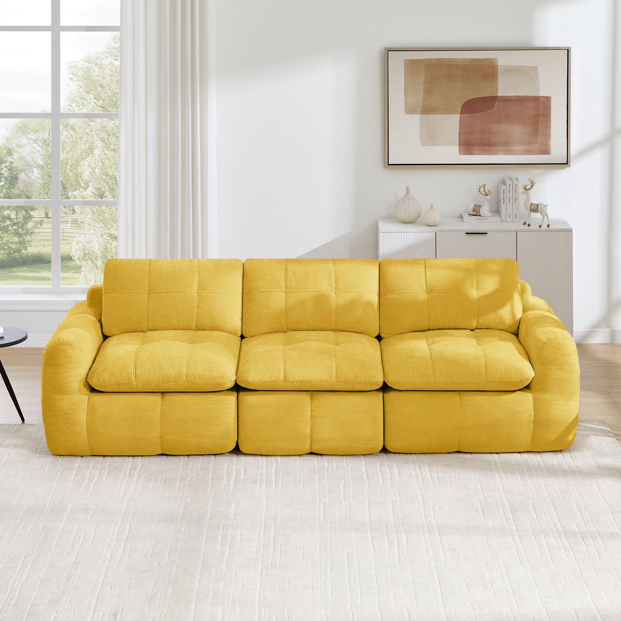 Canapé modulable sans cadre 3 places en chenille jaune avec motif quadrillé, assise ergonomique et coussins épaissis pour un confort durable