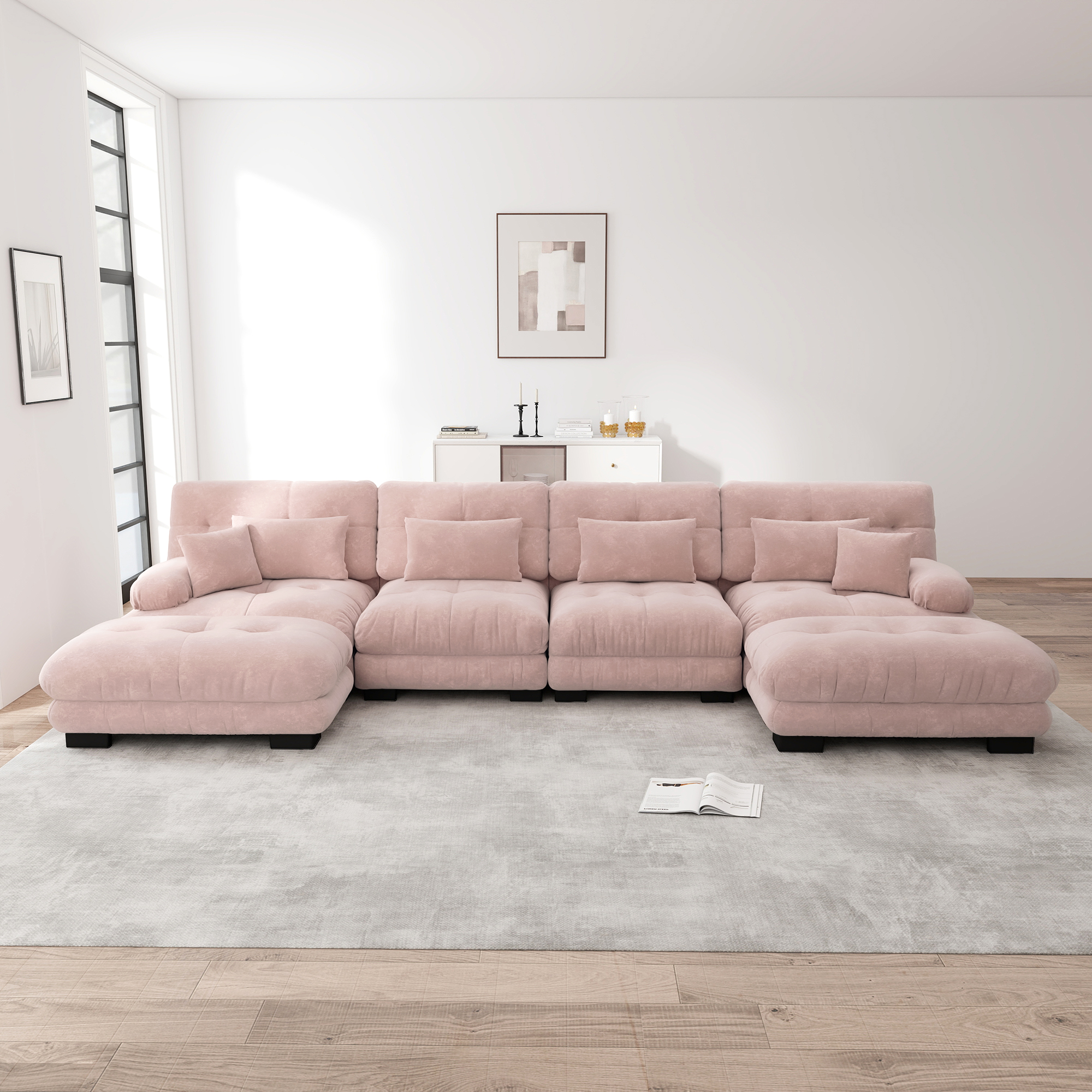 Canapé d'angle 4 places en chenille rose avec coussins et ottoman mobile assorti pour salon