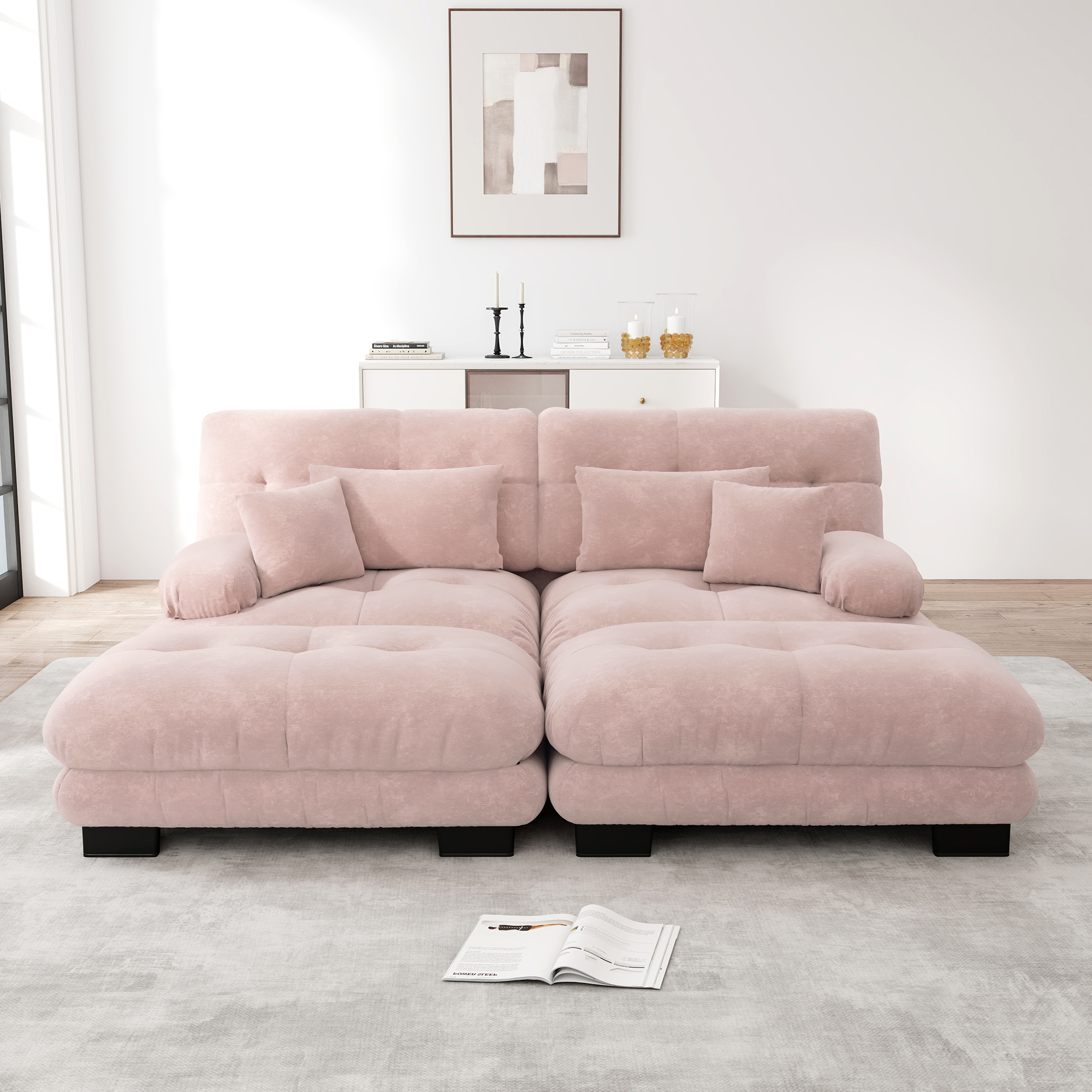 Canapé d'angle en chenille rose avec accoudoirs ronds rembourrés, 2 ottomans et 4 coussins inclus