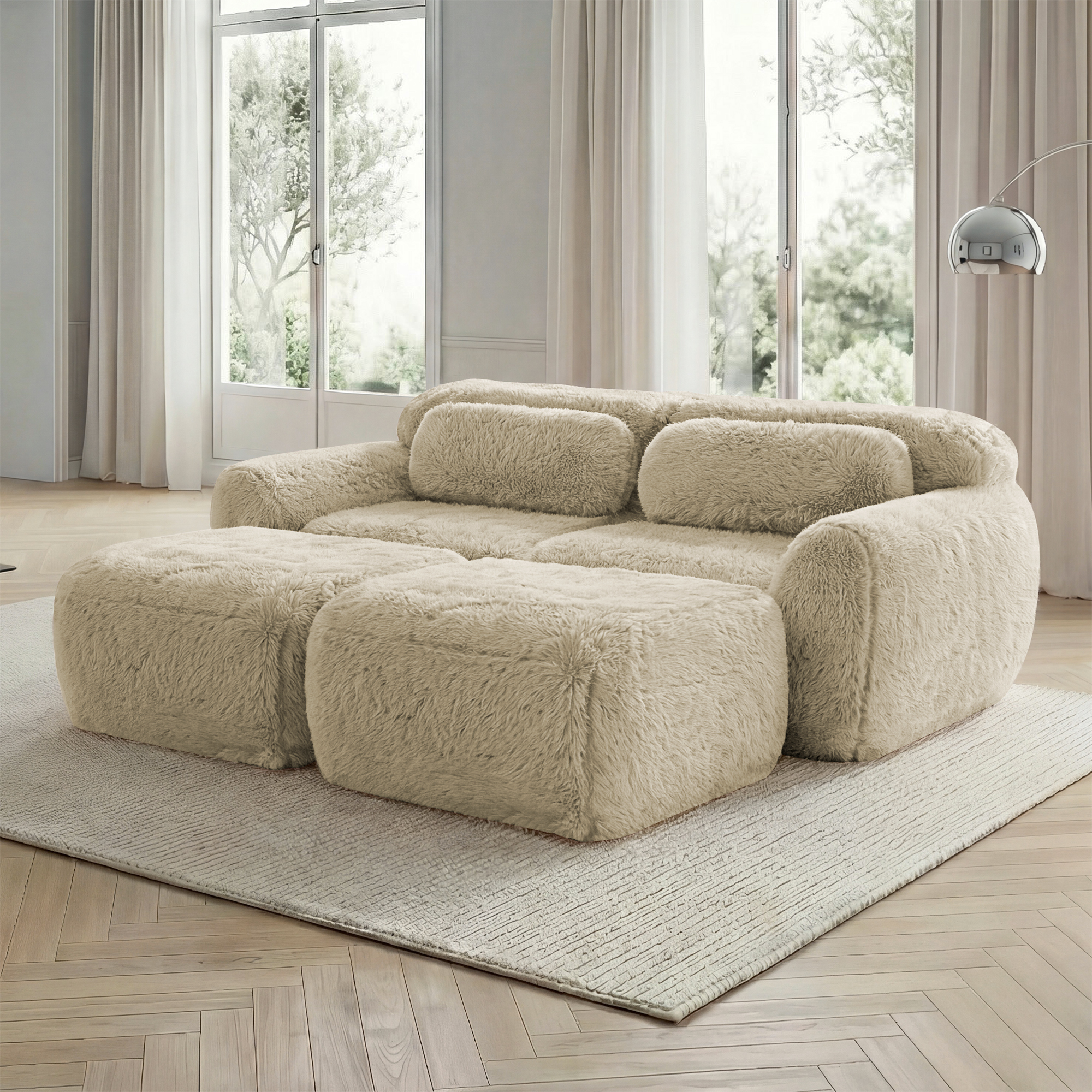 Canapé Modulable 2 Places Tissu Peluche Beige Kaki Clair Structure Stable Mousse Haute Résilience Design Contemporain Salon