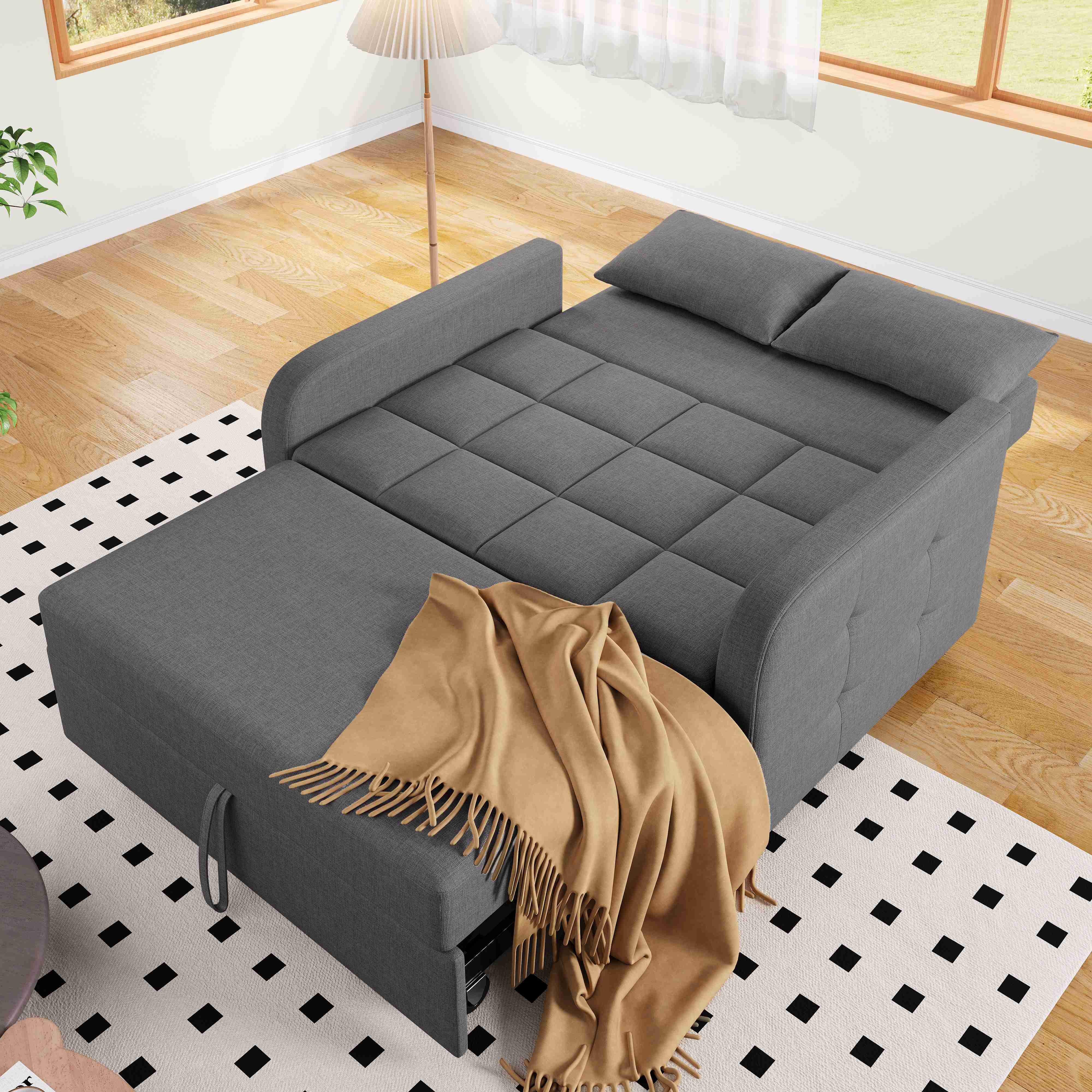 Canapé-lit 2 places Gris Antique, Tissu Lin Coton, Dossier Réglable 3 Positions, Couchage 180x110cm, Mousse Haute Densité, Idéal Studio