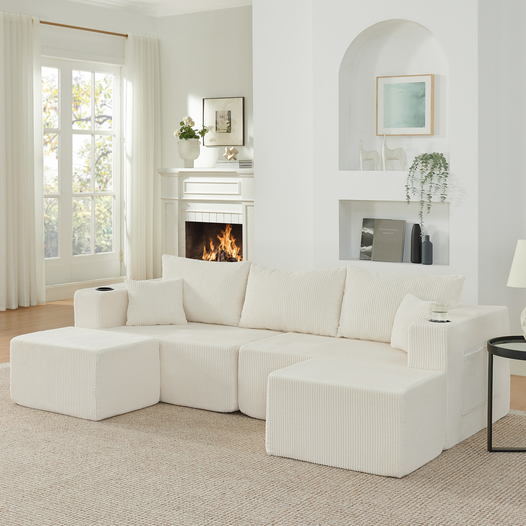 Canapé d'angle modulable 3 places beige en tissu côtelé avec poufs mobiles, porte-gobelets intégrés et poches de rangement latérales