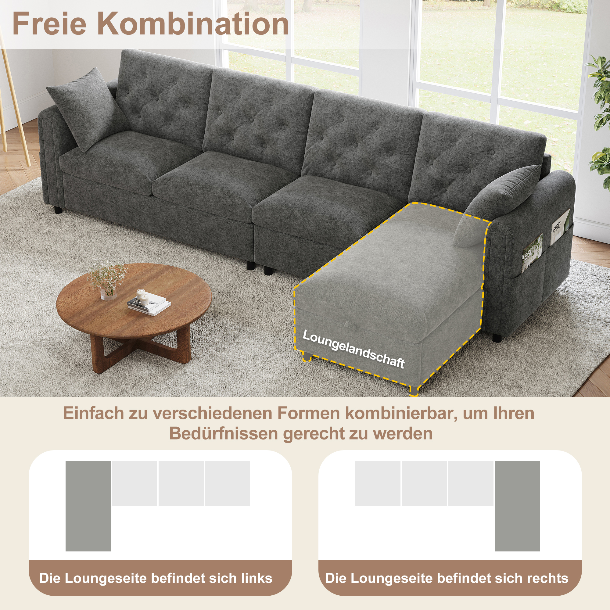 Canapé d'angle convertible en polyester et flanelle gris avec coffre et rangement latéral intégré