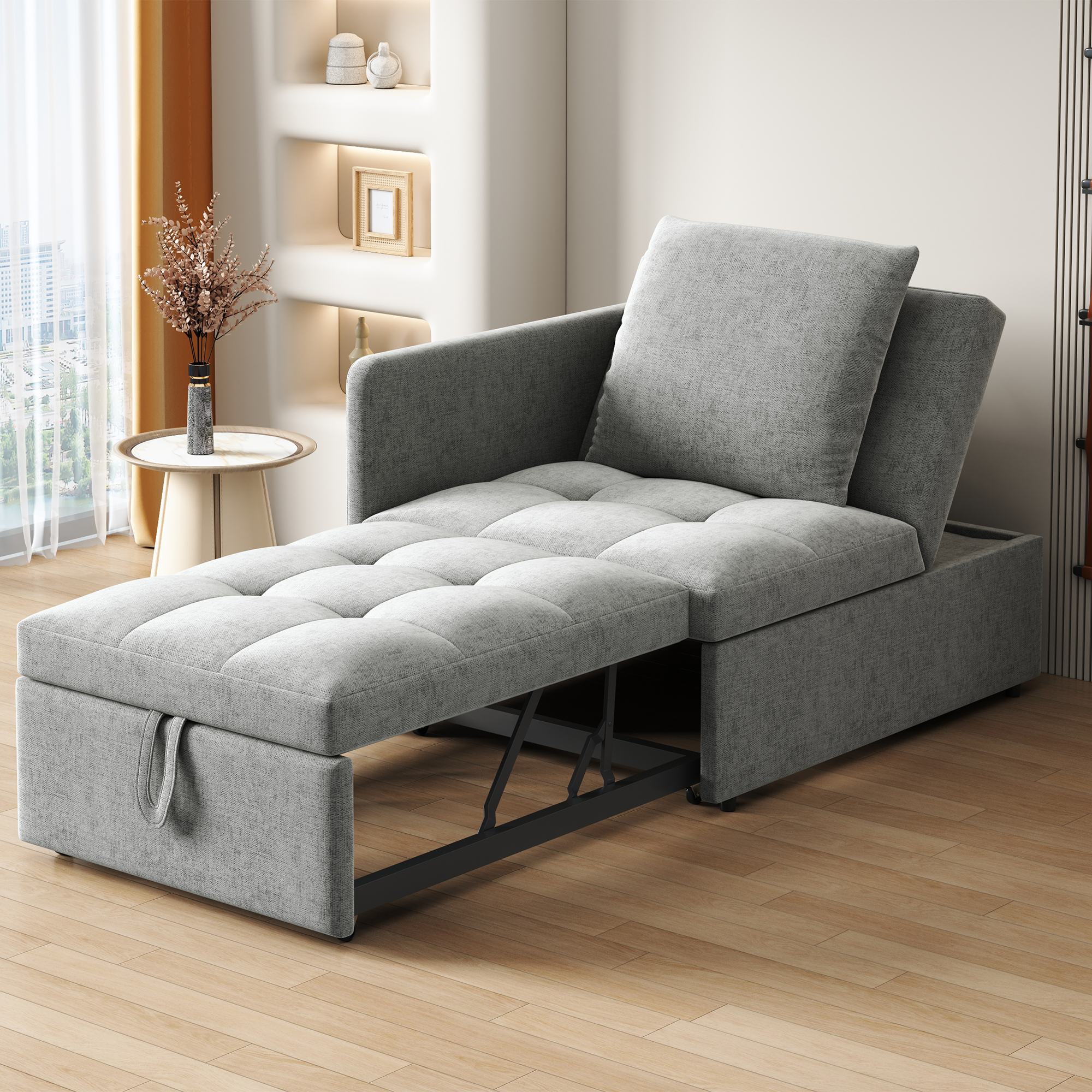 Lit avec rangement 177x68x65 cm en lin gris avec structure métal et bois et tiroirs intégrés sous le couchage