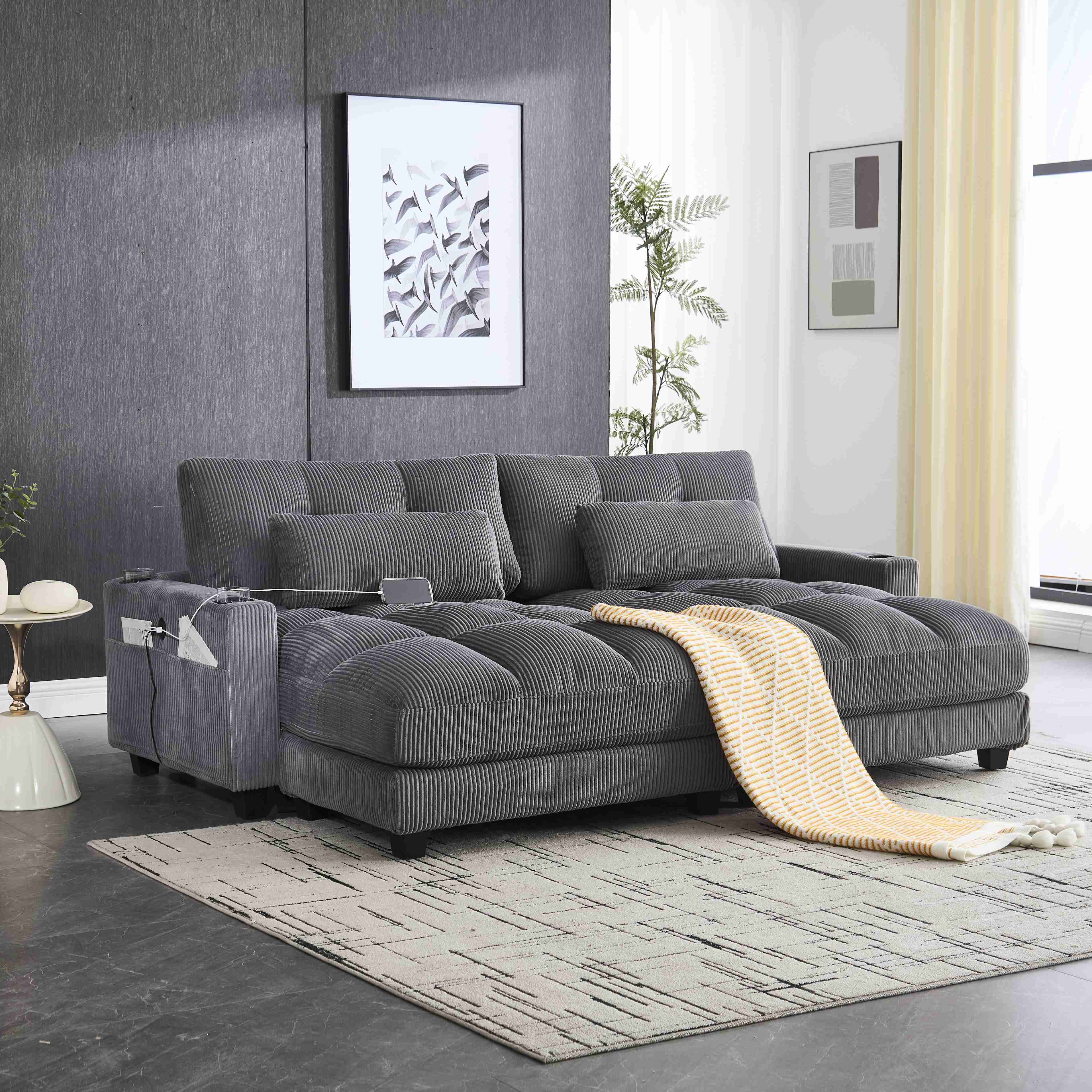 Canapé 2 places gris en velours côtelé, convertible en deux fauteuils individuels, avec 4 porte-gobelets, 4 poches latérales et ports USB sur les accoudoirs pour le salon ou la chambre à coucher.