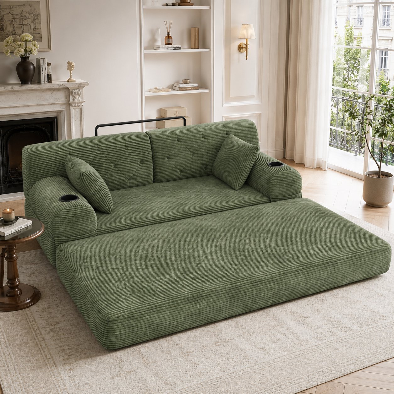 Canapé-lit corduroy vert 168x80x81 cm, cadre métal robuste, coussins confortables, design capitonné, solution pratique pour studio