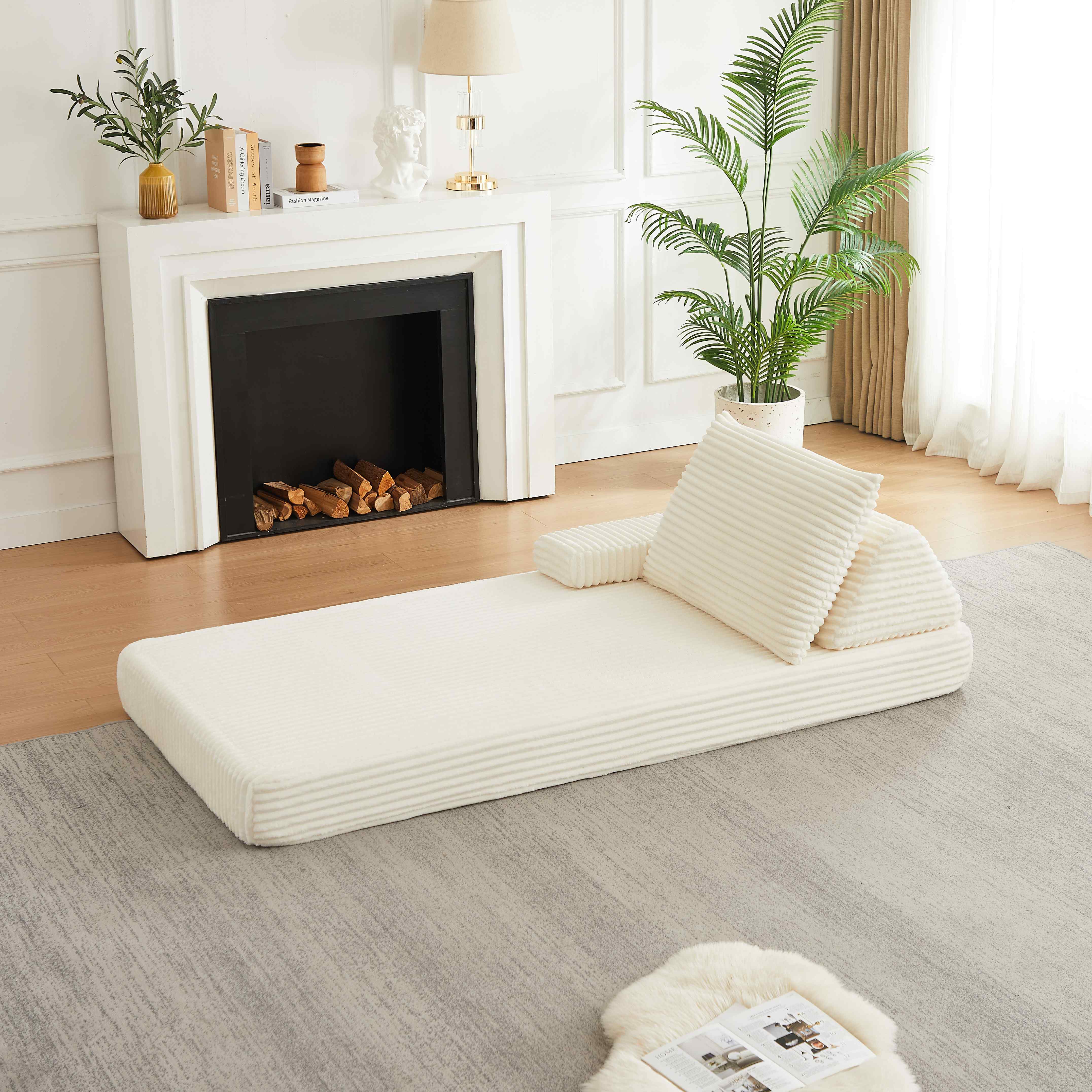 Canapé Modulable Beige en Corde Velours 211x106cm avec Dossiers Triangulaires Amovibles et Coussins Allongés pour Salon Moderne
