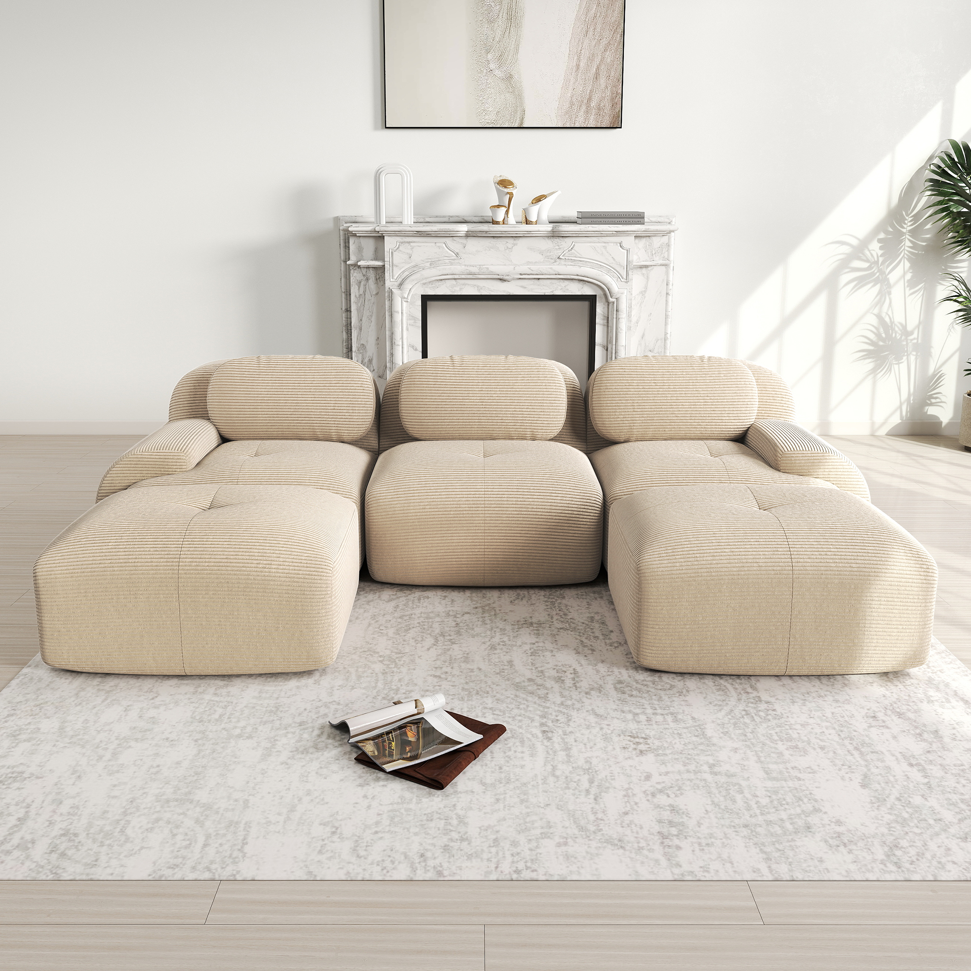 Canapé d'angle en velours côtelé beige, mousse 32D, structure sans cadre et accoudoirs extra-larges
