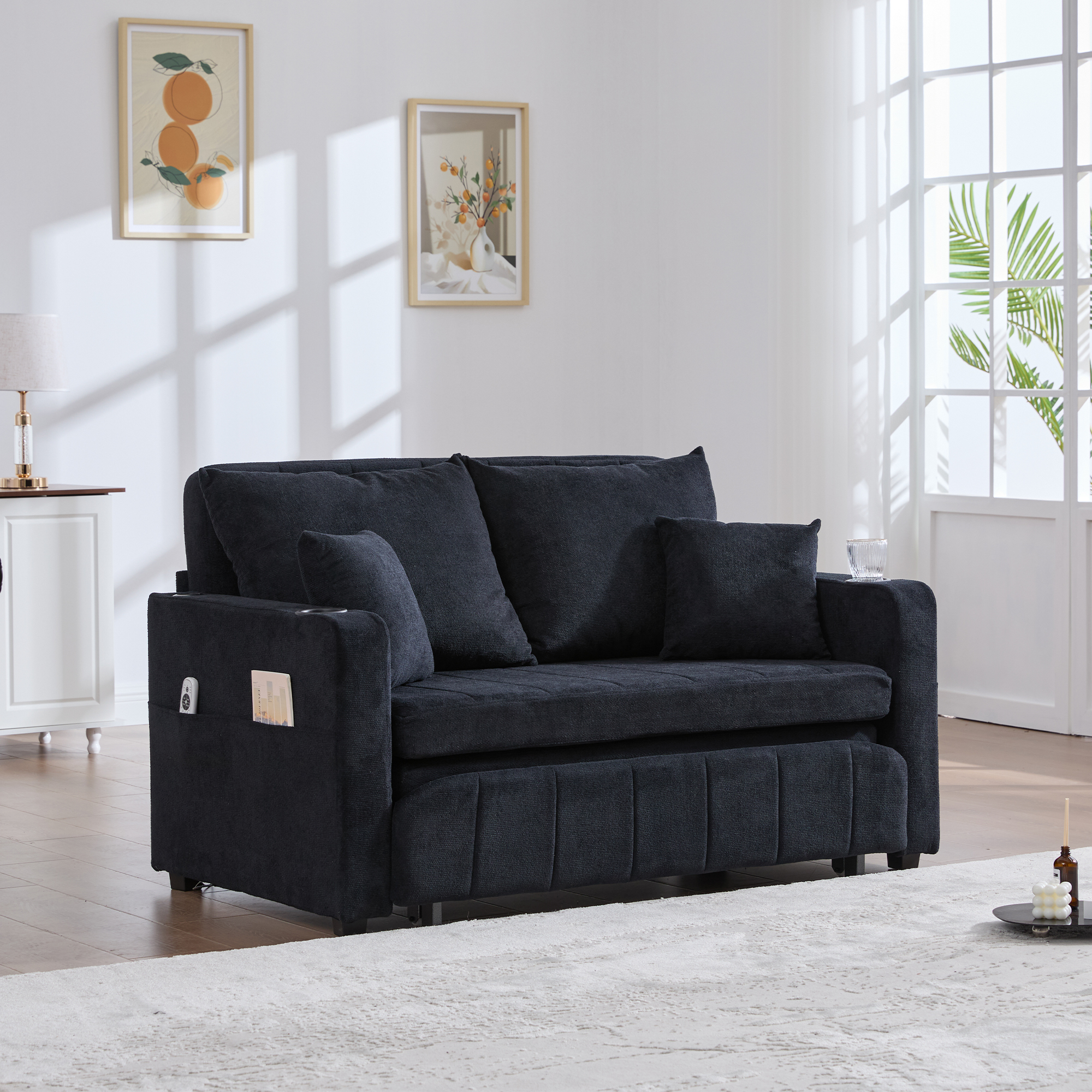 Lit rembourré 2 places avec USB et Type-C, porte-gobelets et 4 coussins inclus pour petit espace