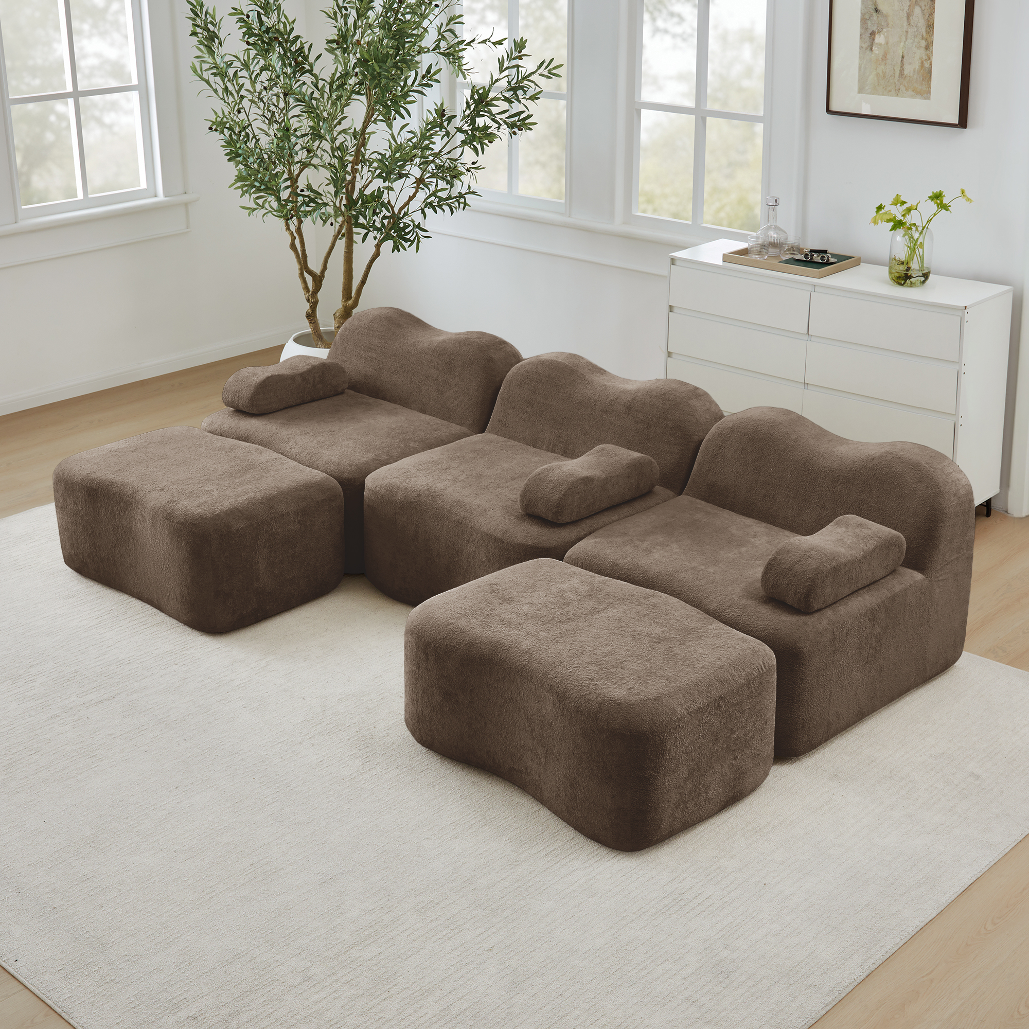 Canapé Modulable 3 Places Sans Cadre, Design Panoramique Profond Avec Accoudoirs Mobiles Et Ottomans Pour Salon Moderne
