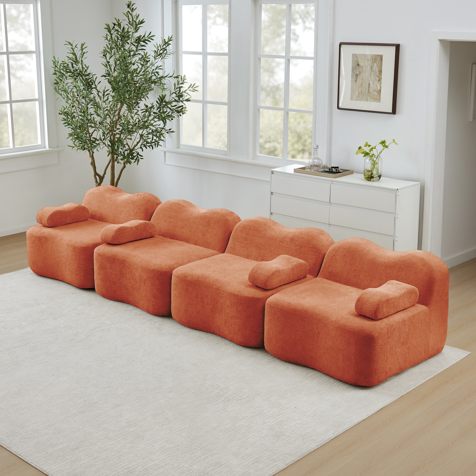 Canapé Modulable 4 Places avec Rangement Intégré, Assise Profonde et Coussins d'Accoudoirs Mobiles pour Salon Contemporain