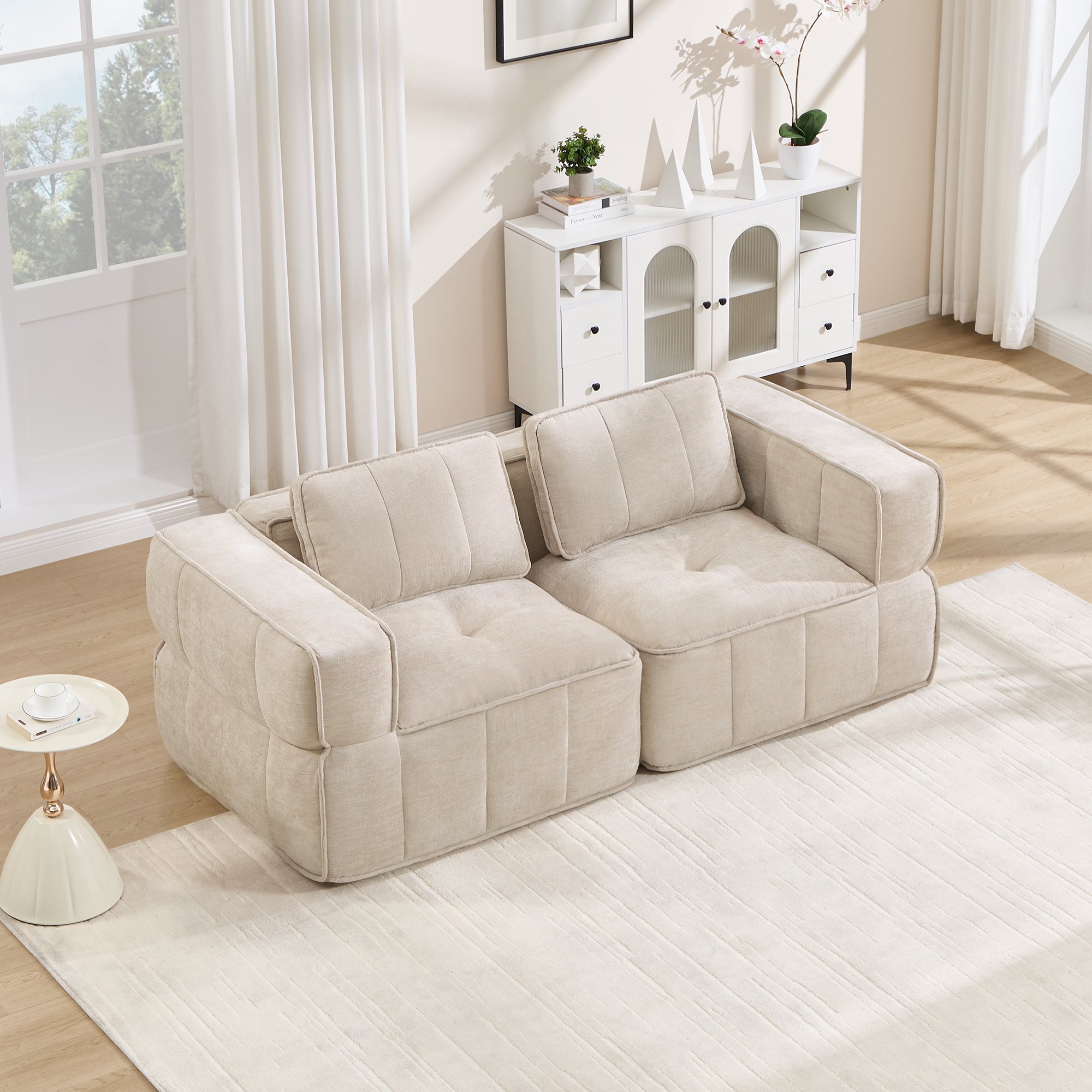 Canapé 2 places beige sans structure, mousse haute densité 32D, assise profonde et confort immédiat pour salon moderne, 198x93x67 cm