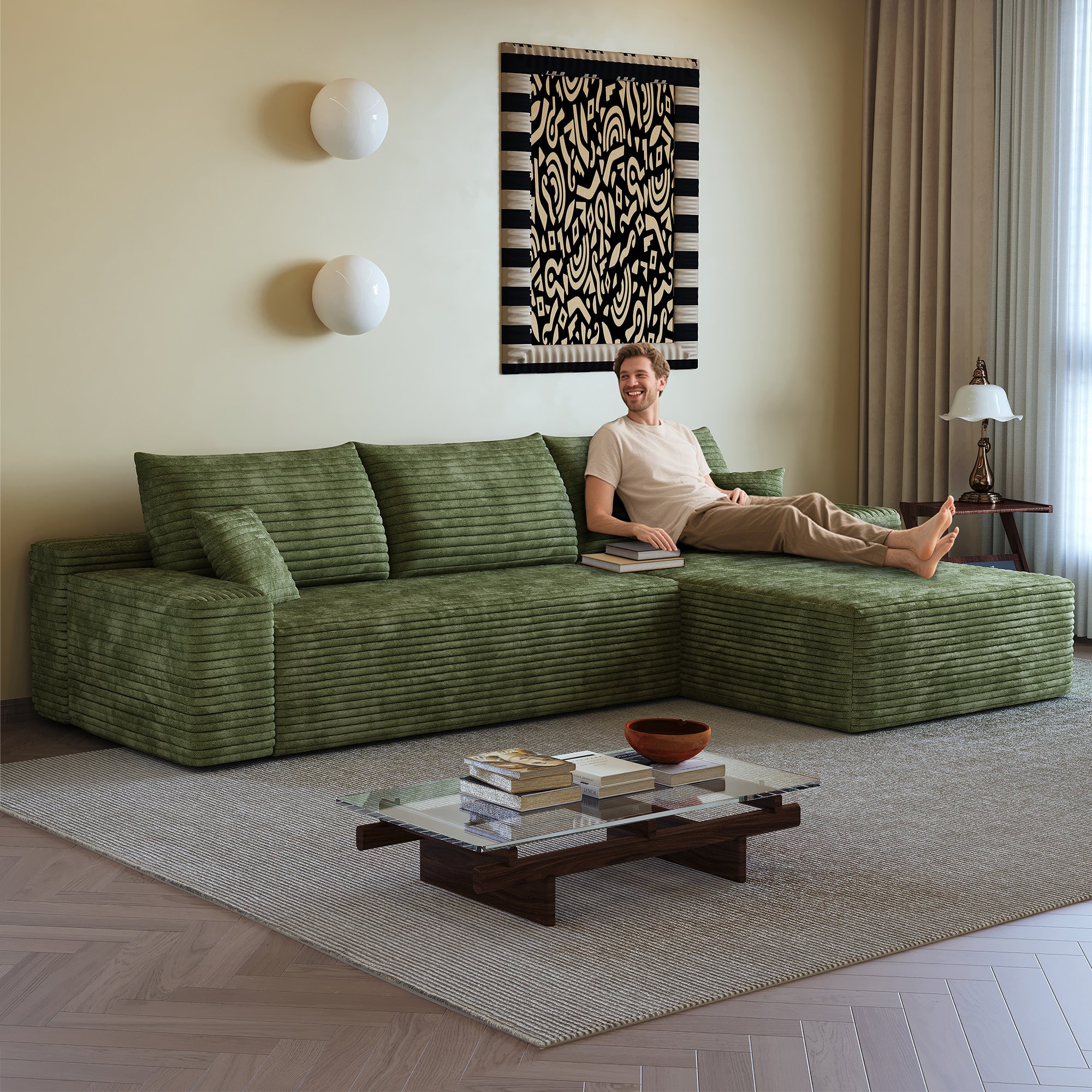Canapé d'angle en tissu velours côtelé vert, structure boneless, assise profonde, dimensions 270x175x83cm, design moderne épuré