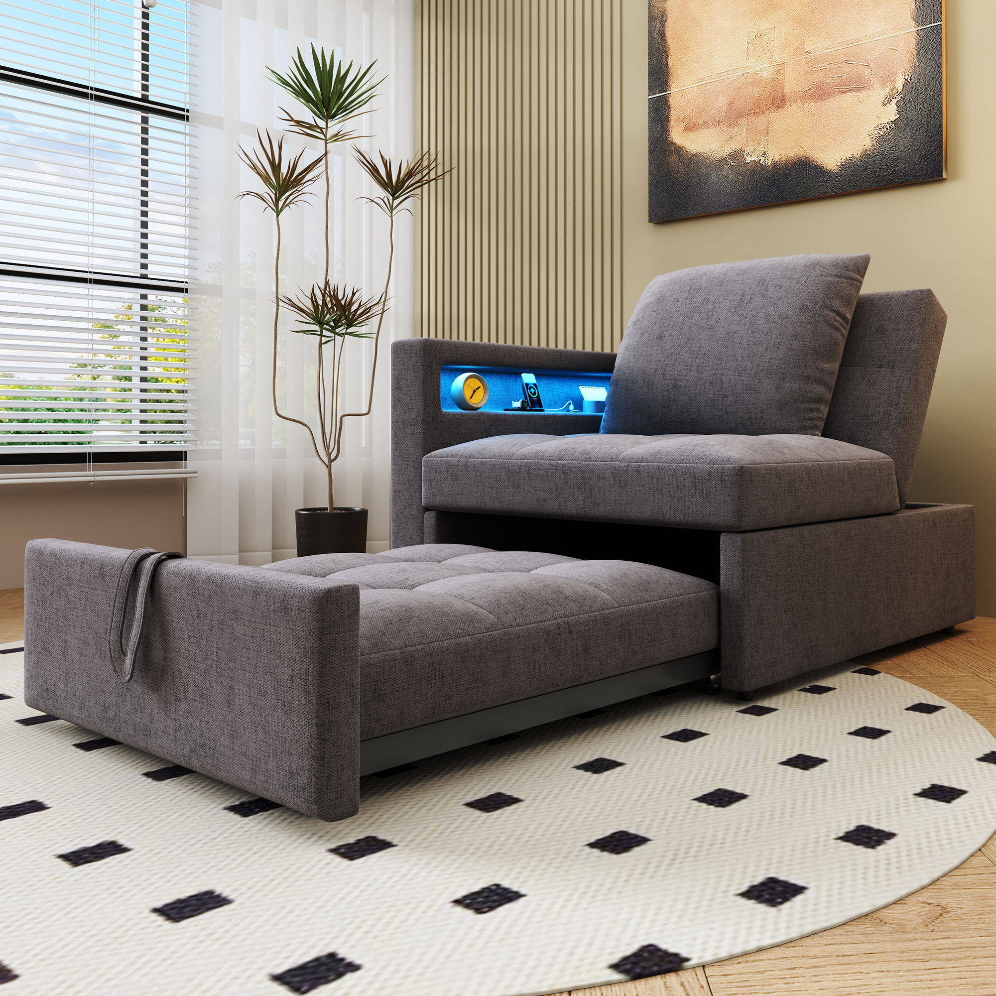 Lit avec rangement rembourré en tissu lin, structure métal, contreplaqué et Panneau composite de fibres de bois à densité, LED et USB intégrés
