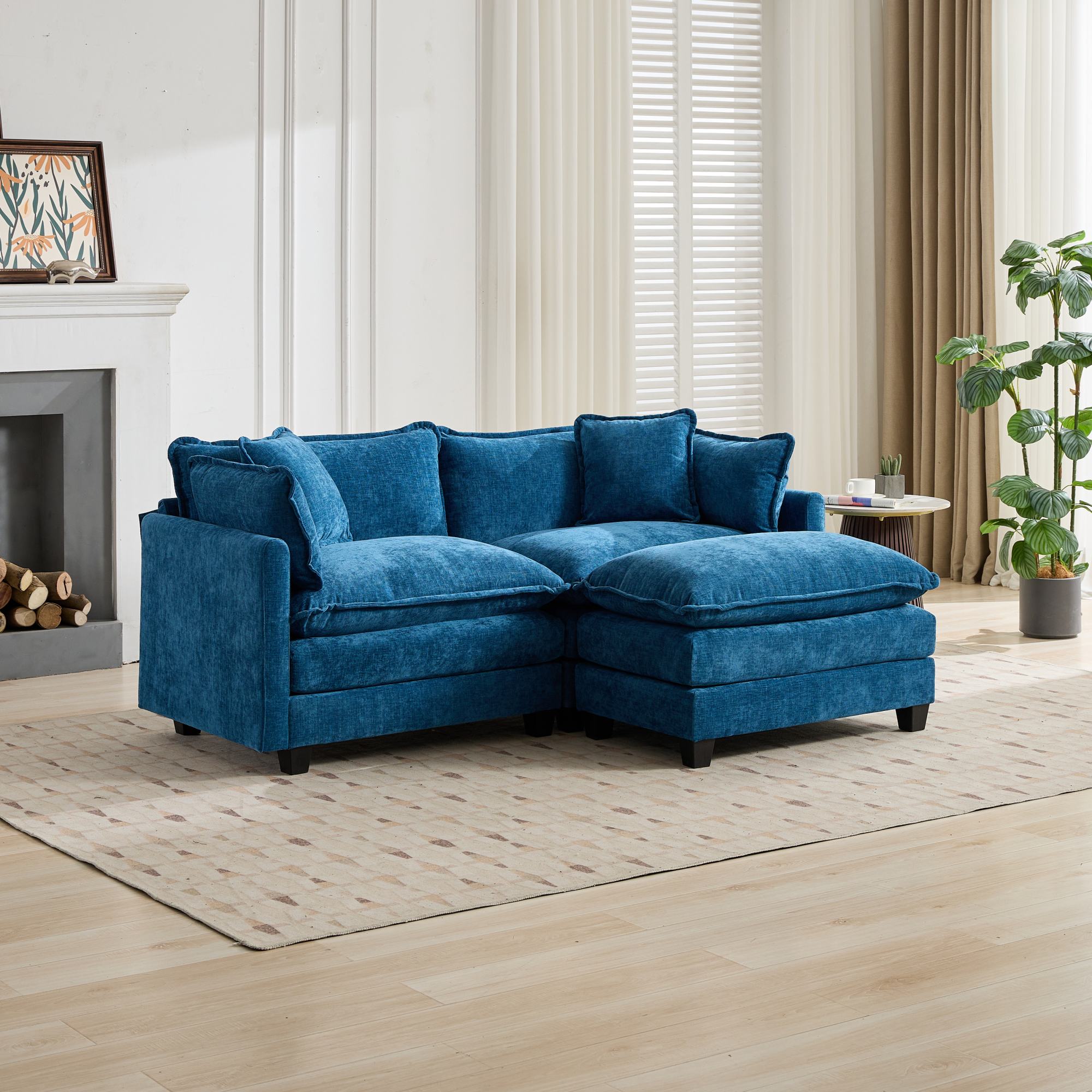 Canapé 2 places 195 cm de large, tissu chenille bleu et assise rembourrée double couche pour salon
