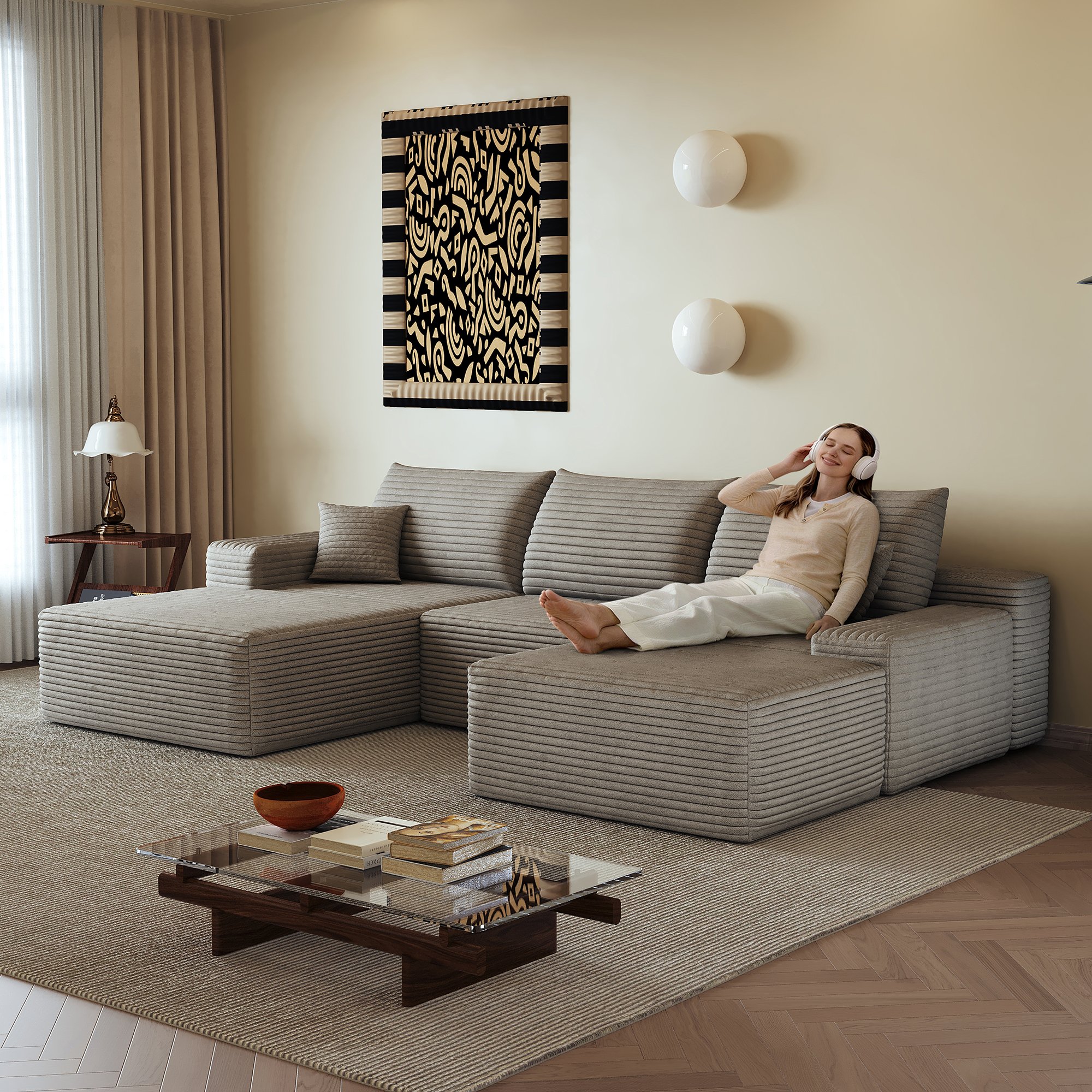 Canapé d'angle 270x175cm en velours côtelé camel, structure modulaire sans montage, coussins mousse haute densité pour salon moderne et spacieux