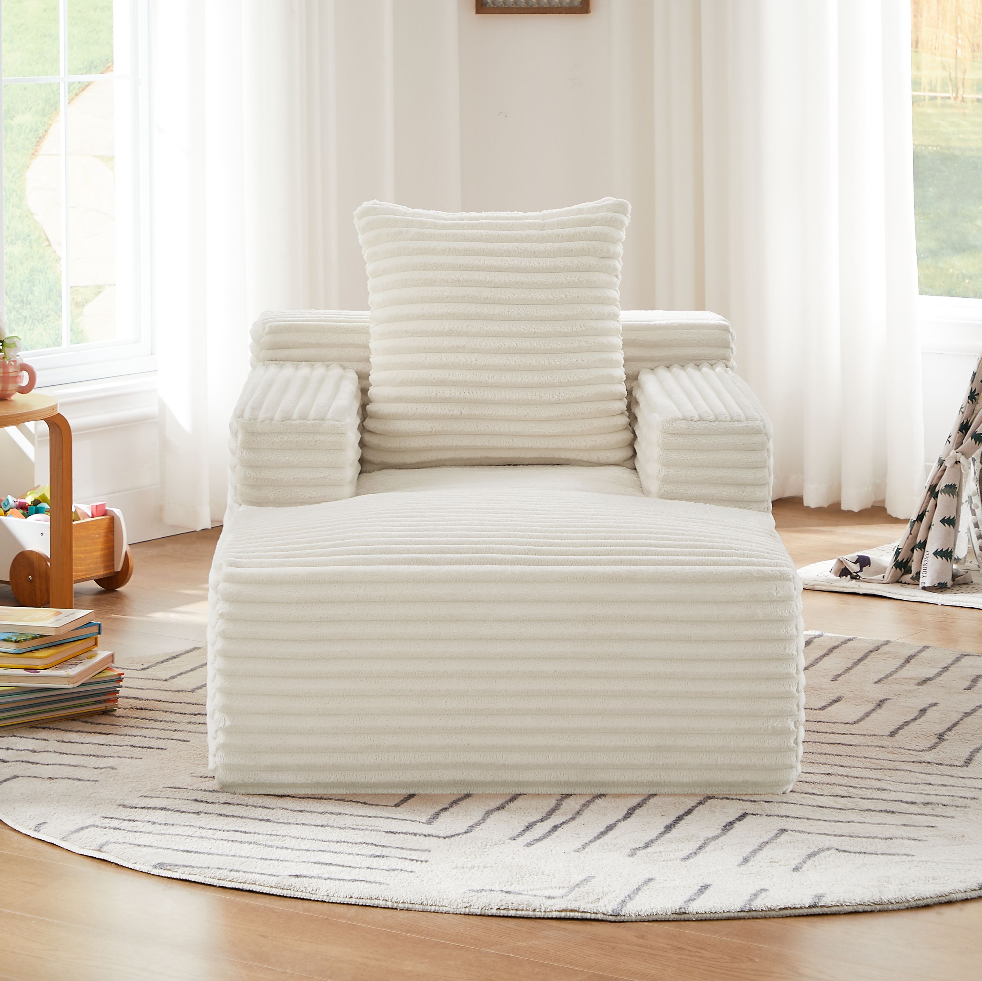 Chaise longue sans montage en velours côtelé beige, canapé relax moderne pour salon et bureau, coussins mousse haute densité inclus, poids 13 kg, style contemporain élégant et compact.