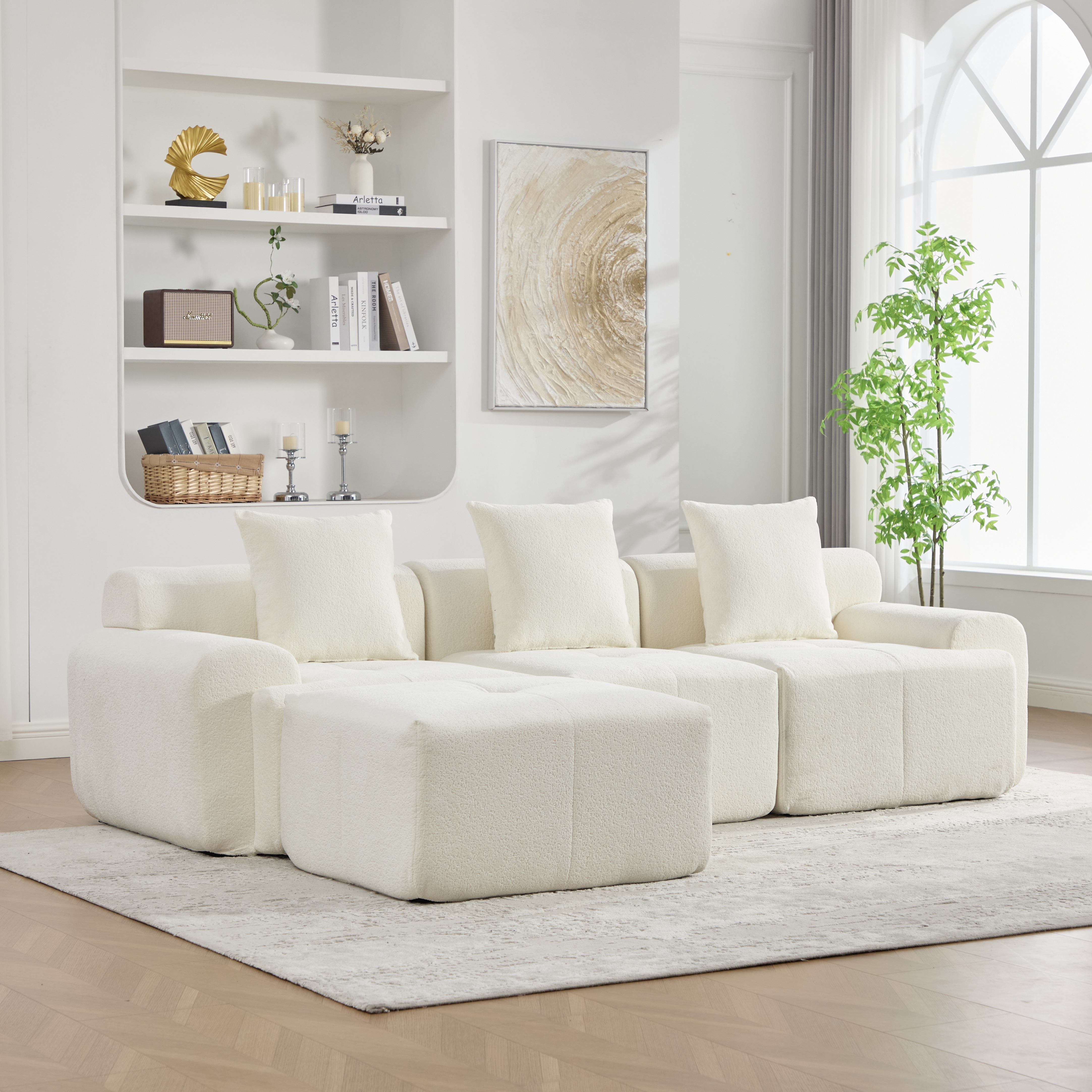 Canapé d'angle modulable 3 places revêtement tissu côtelé beige structure robuste avec rangement sous le couchage