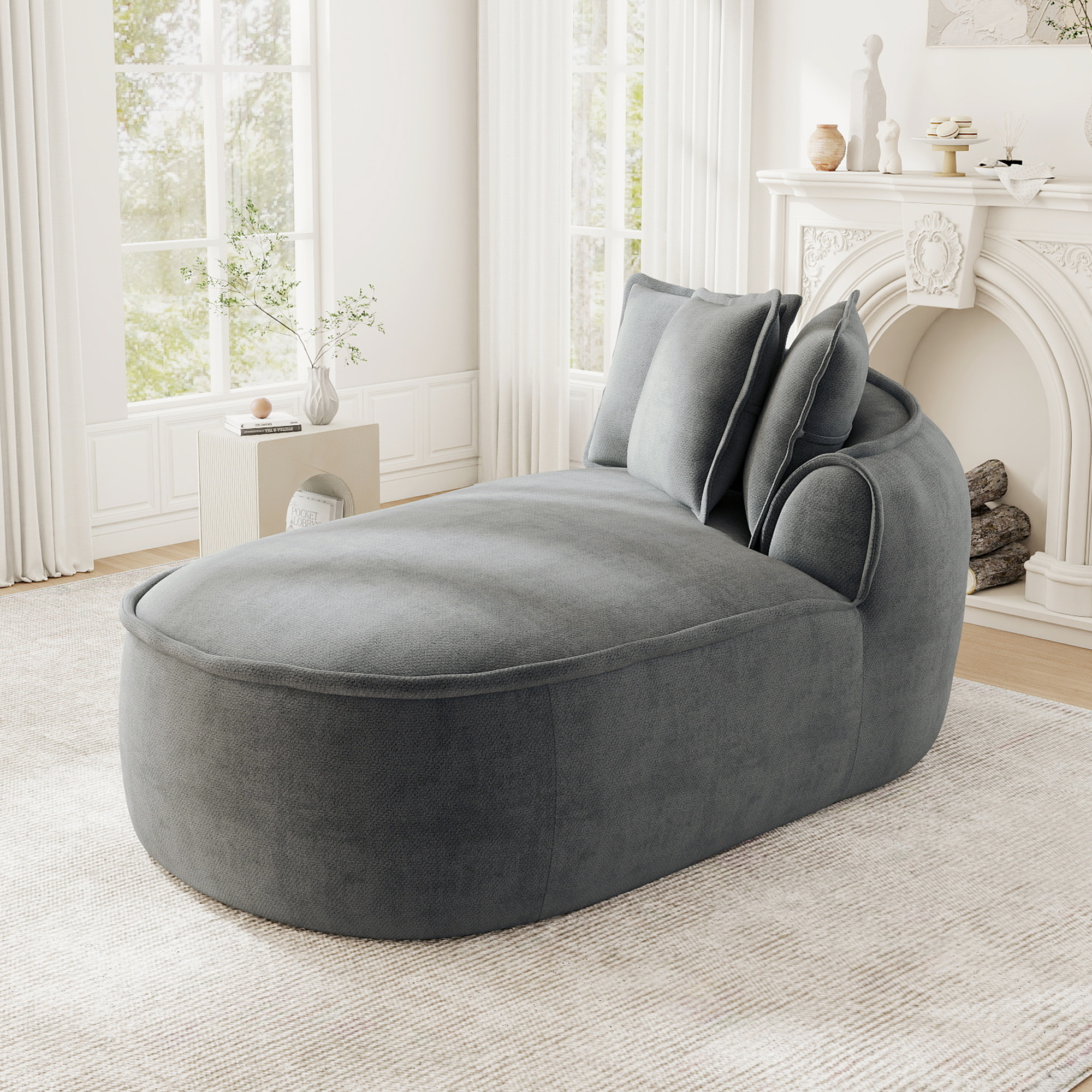 Canapé méridienne droit 2 places modulable sans montage, chenille gris, coussins inclus, assise ergonomique 32D