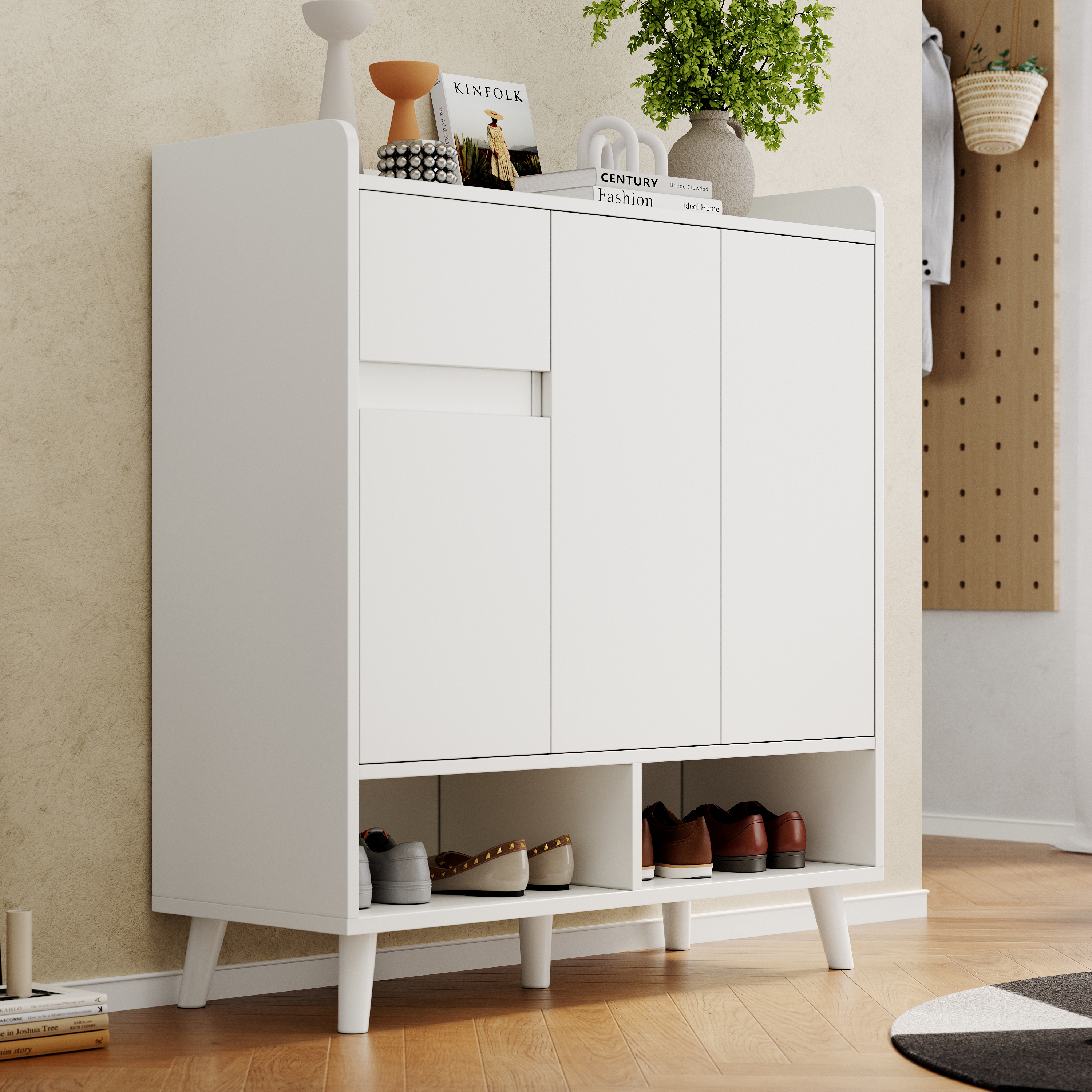 Meuble à chaussures blanc, Meuble de rangement moderne avec étagères réglables et pieds en bois massif, Dimensions 90x35x99 cm