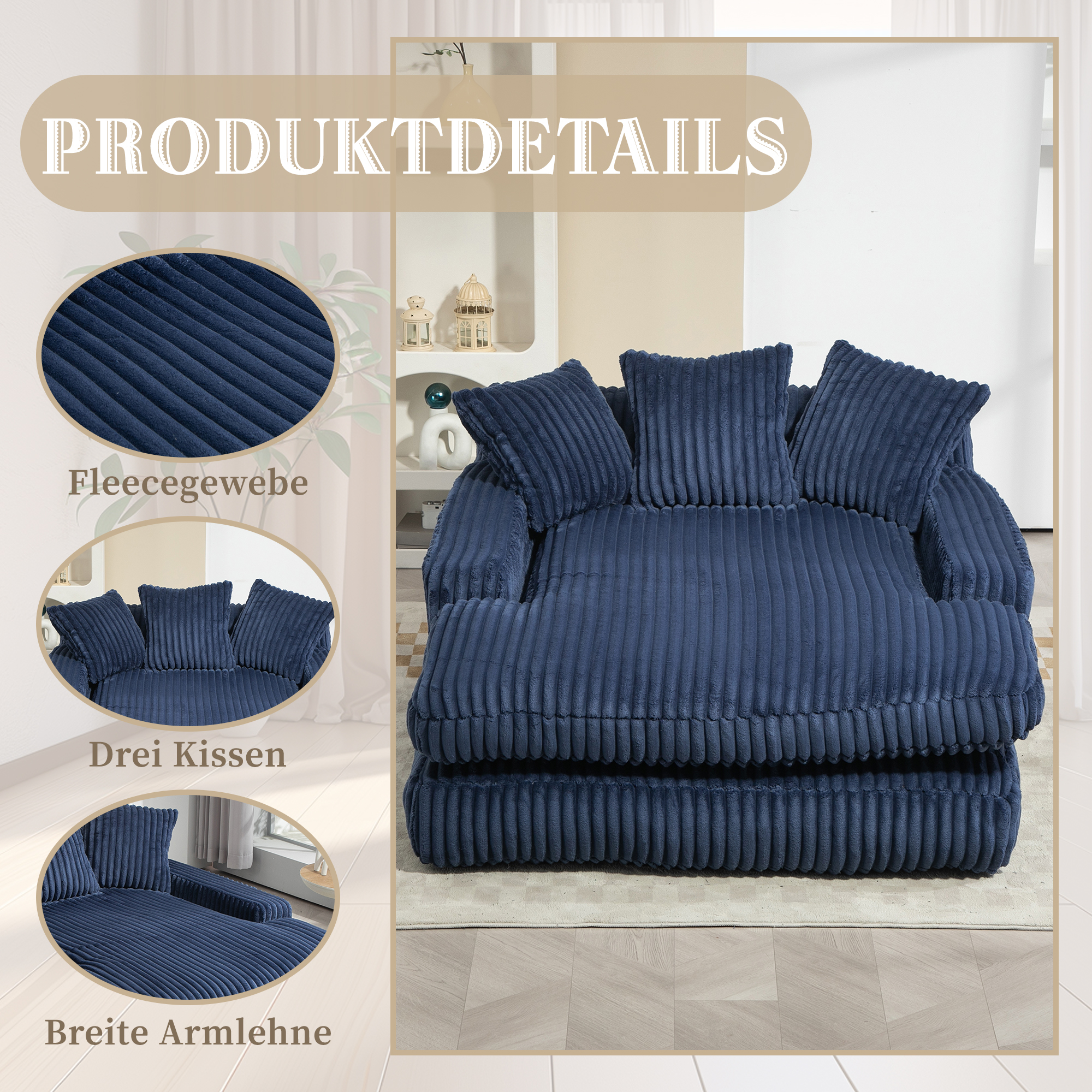 Velours côtelé et trois coussins
