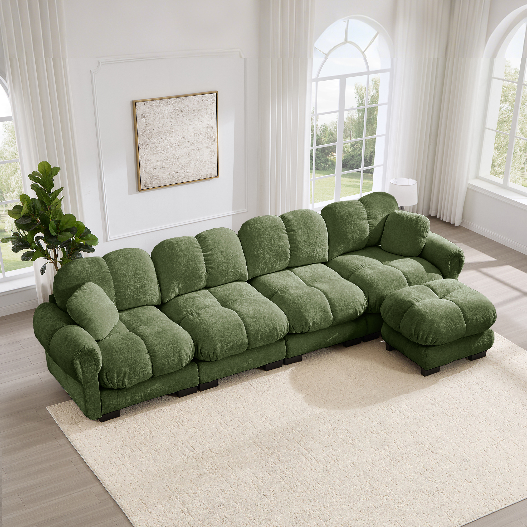 Canapé d'angle modulable 4 places avec ottomane mobile, dossier ergonomique et coussins matelassés antidérapants pour salon moderne