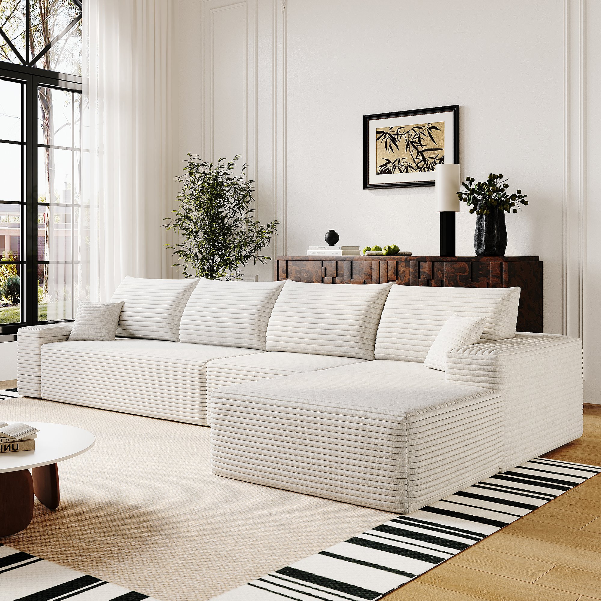 Canapé d'angle blanc 340x175x83 cm en tissu côtelé, structure modulaire avec méridienne et assise profonde pour le salon