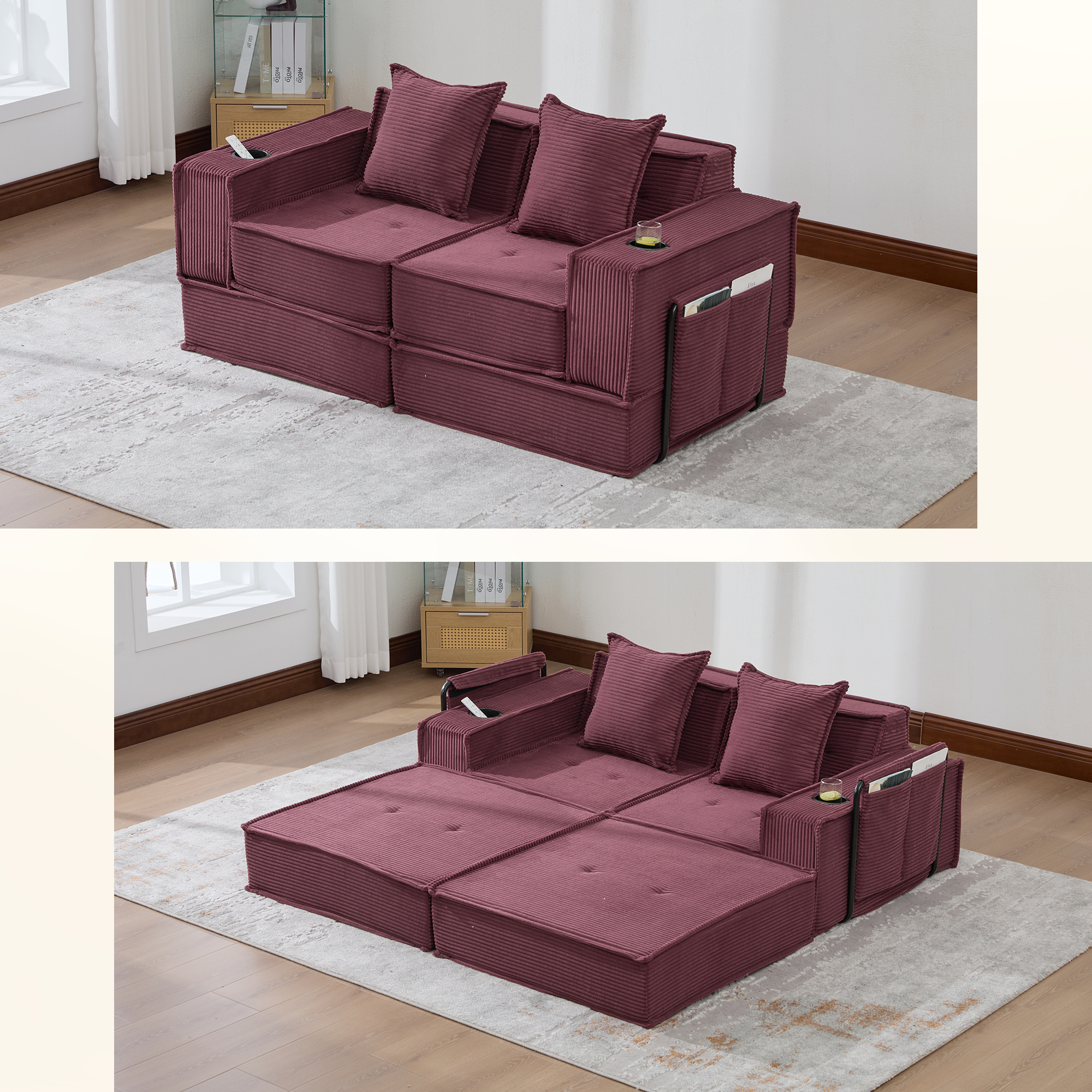 Canapé 2 places avec rangement latéral intégré et 2 coussins en velours côtelé bordeaux pour coin lecture
