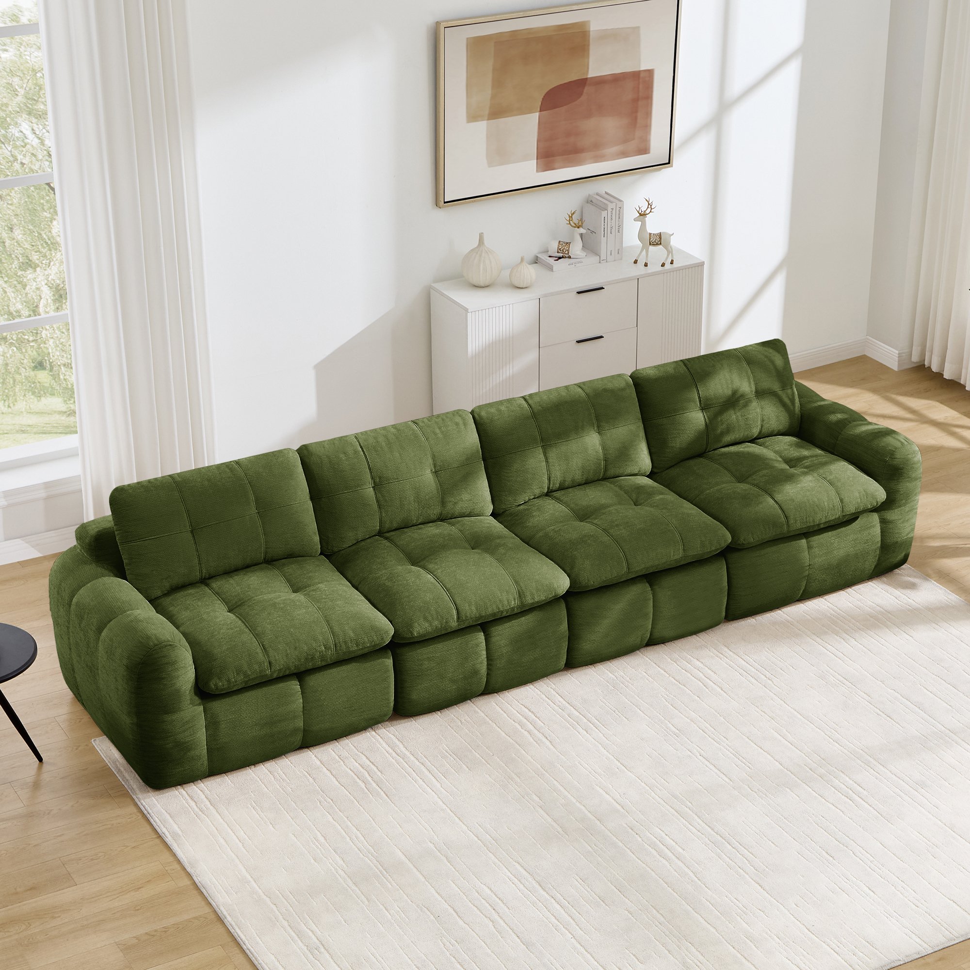 Canapé modulable sans cadre 4 places en chenille verte, mousse haute densité 32D, assise large et profonde, idéal salon moderne