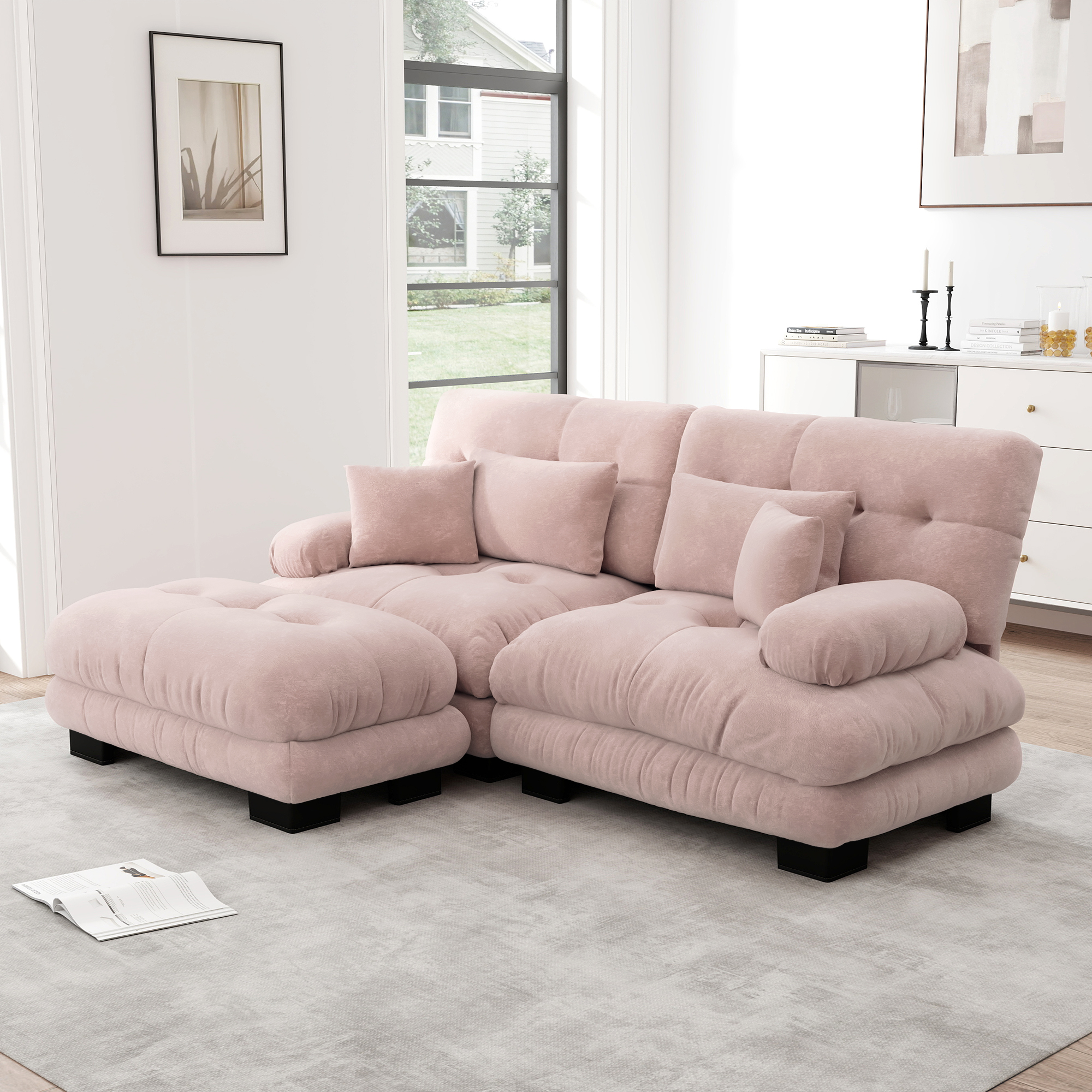 Canapé d'angle 4 places en tissu chenille rose avec accoudoirs larges et ottoman mobile pour salon