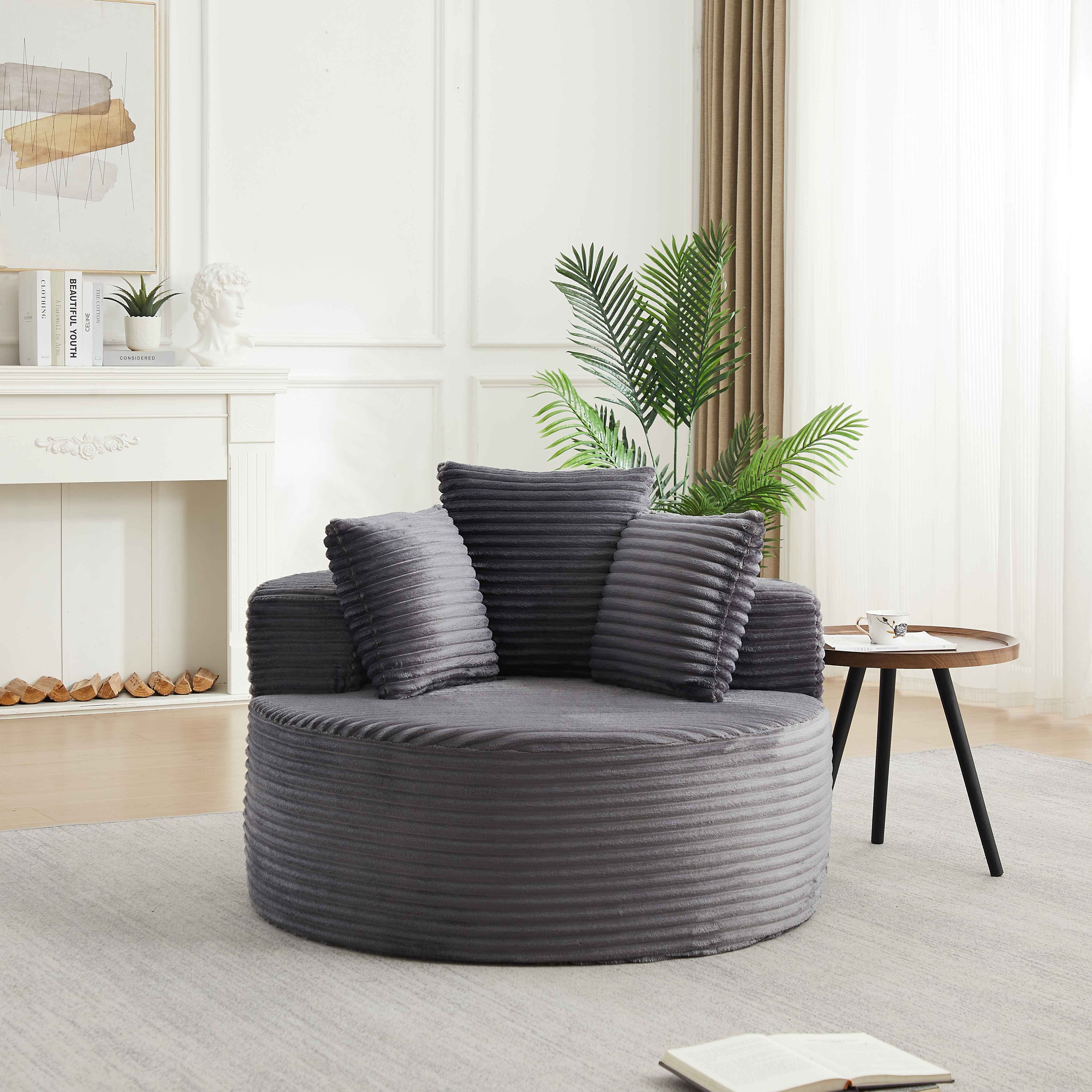 Fauteuil rond diamètre 110 cm, siège individuel 1 place, poids 16,3 kg, livré compacté avec 3 coussins décoratifs inclus