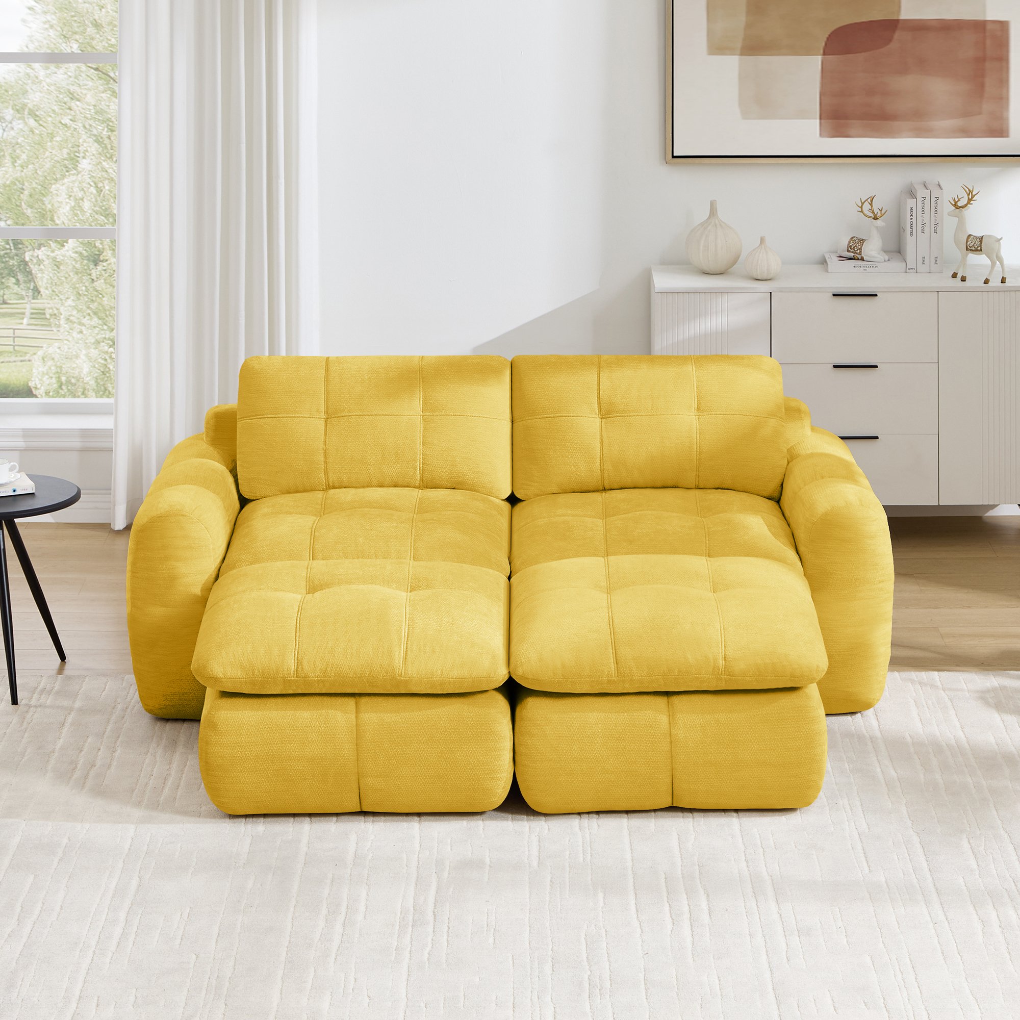Canapé 2 places 194x160x68 cm, format nuage sans cadre avec 2 ottomans, poids total 50 kg, livraison en 4 colis prêts à l'emploi