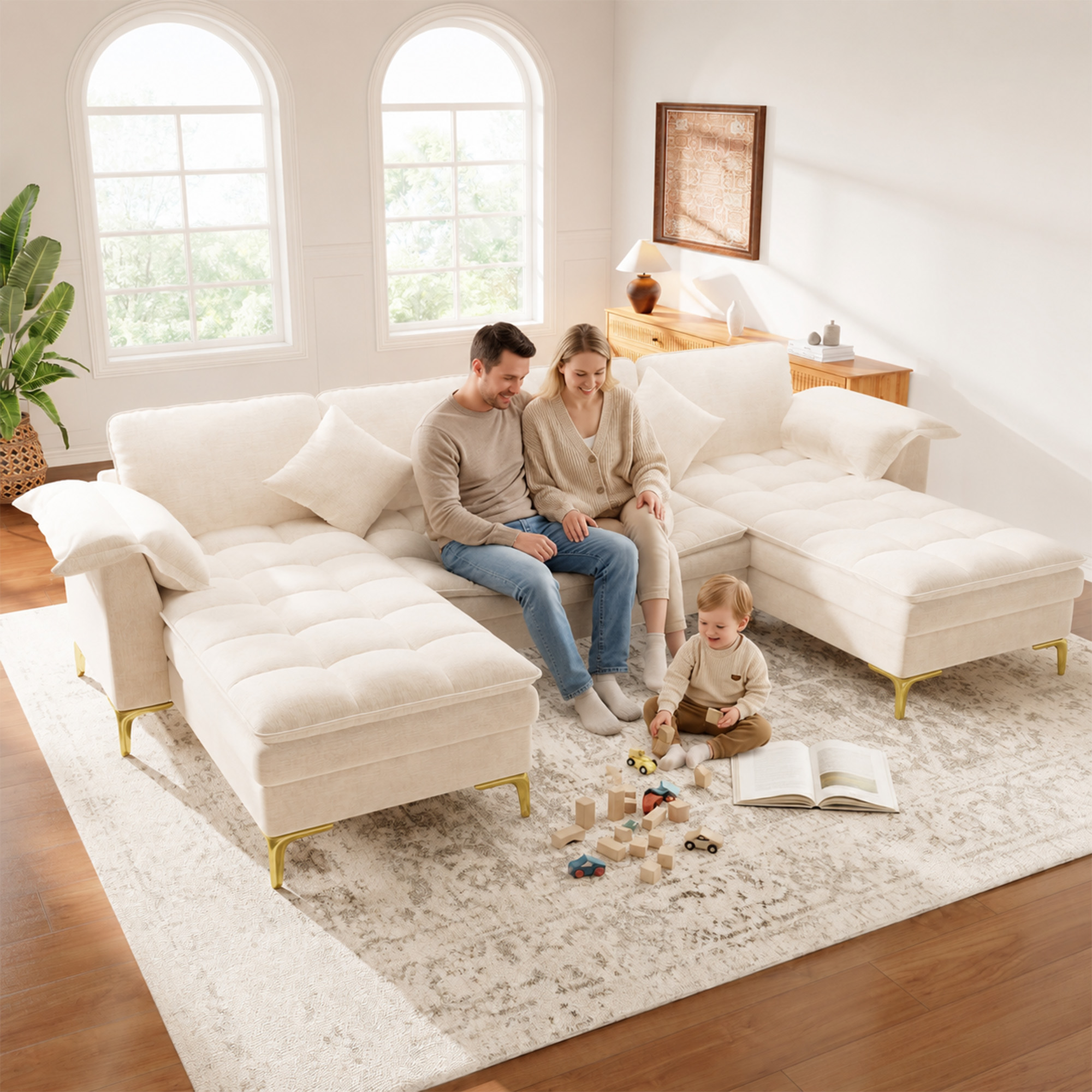 Canapé d'angle en U beige, tissu chenille, 4-5 places avec 2 chaises longues, pieds métal doré, style nuage pour salon moderne