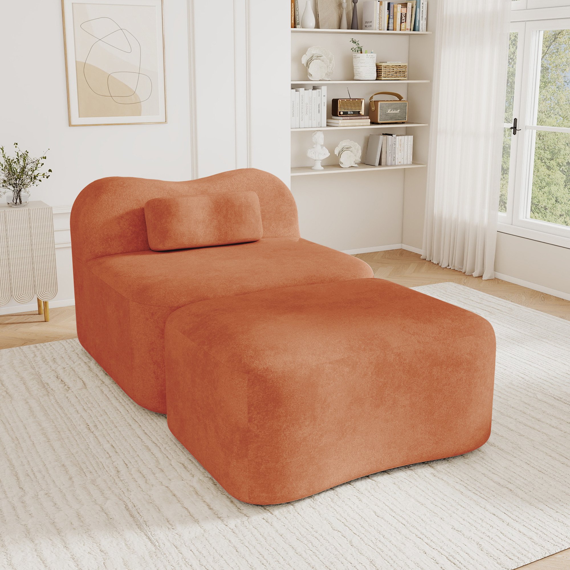 Canapé droit orange en velours sans cadre, design ondulé avec ottoman, mousse 32D haute densité, coussin de dos mobile, idéal salon et chambre, 96x167x70 cm