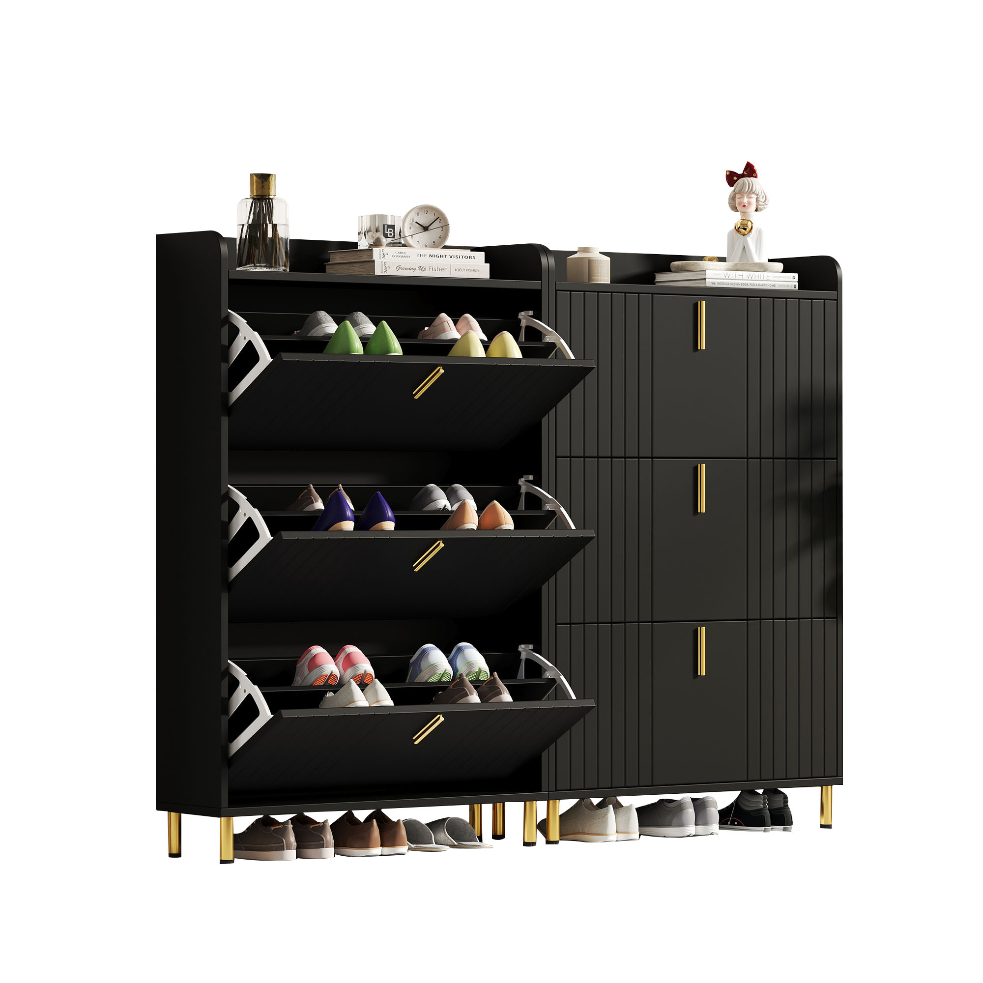 Meuble à chaussures noir mat 80x23x123,5 cm, 3 portes abattantes, rangement 6 niveaux, structure Panneau composite de fibres de bois à densité pour entrée
