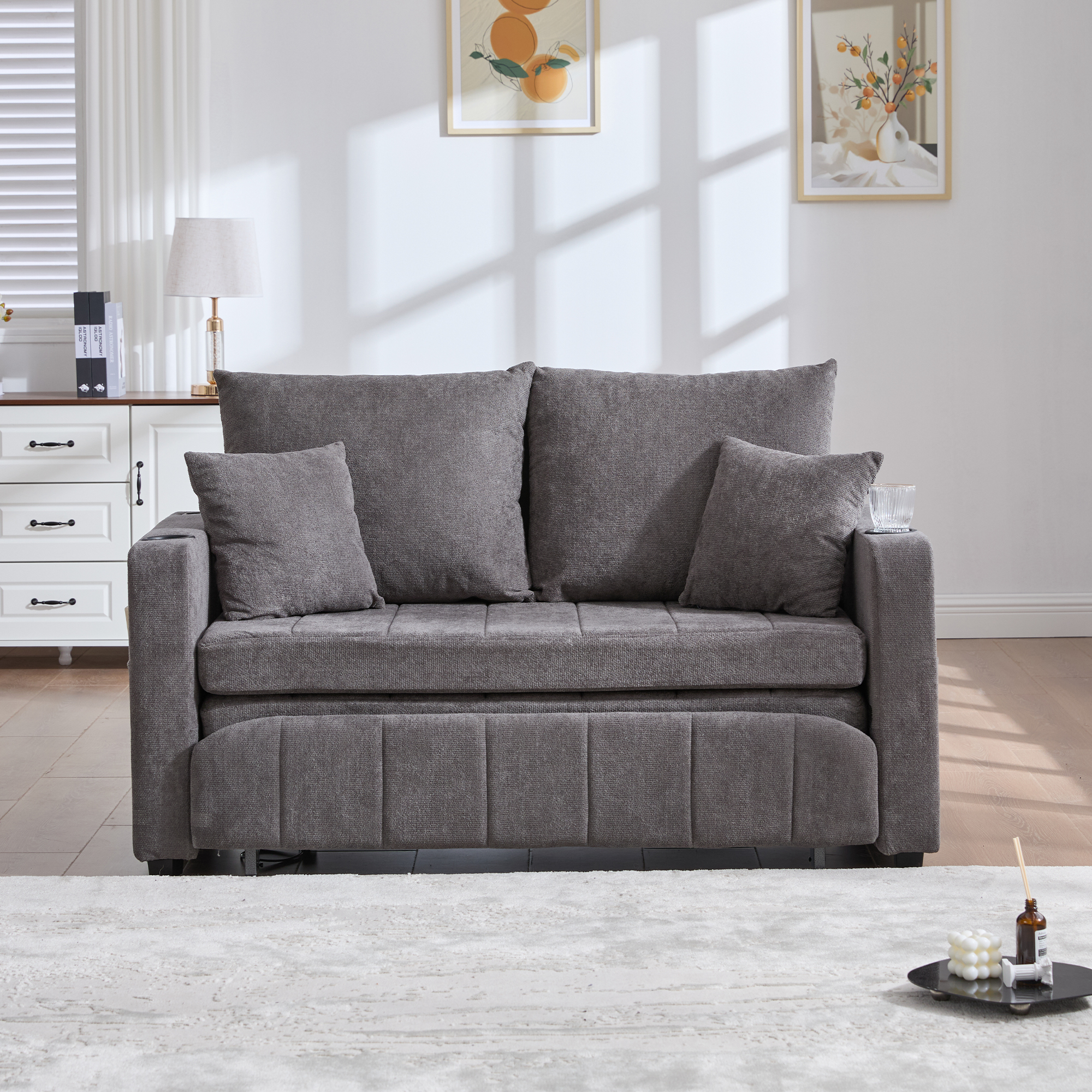 Lit rembourré 2 places avec tiroirs de rangement, port USB et sommier à lattes inclus en chenille gris