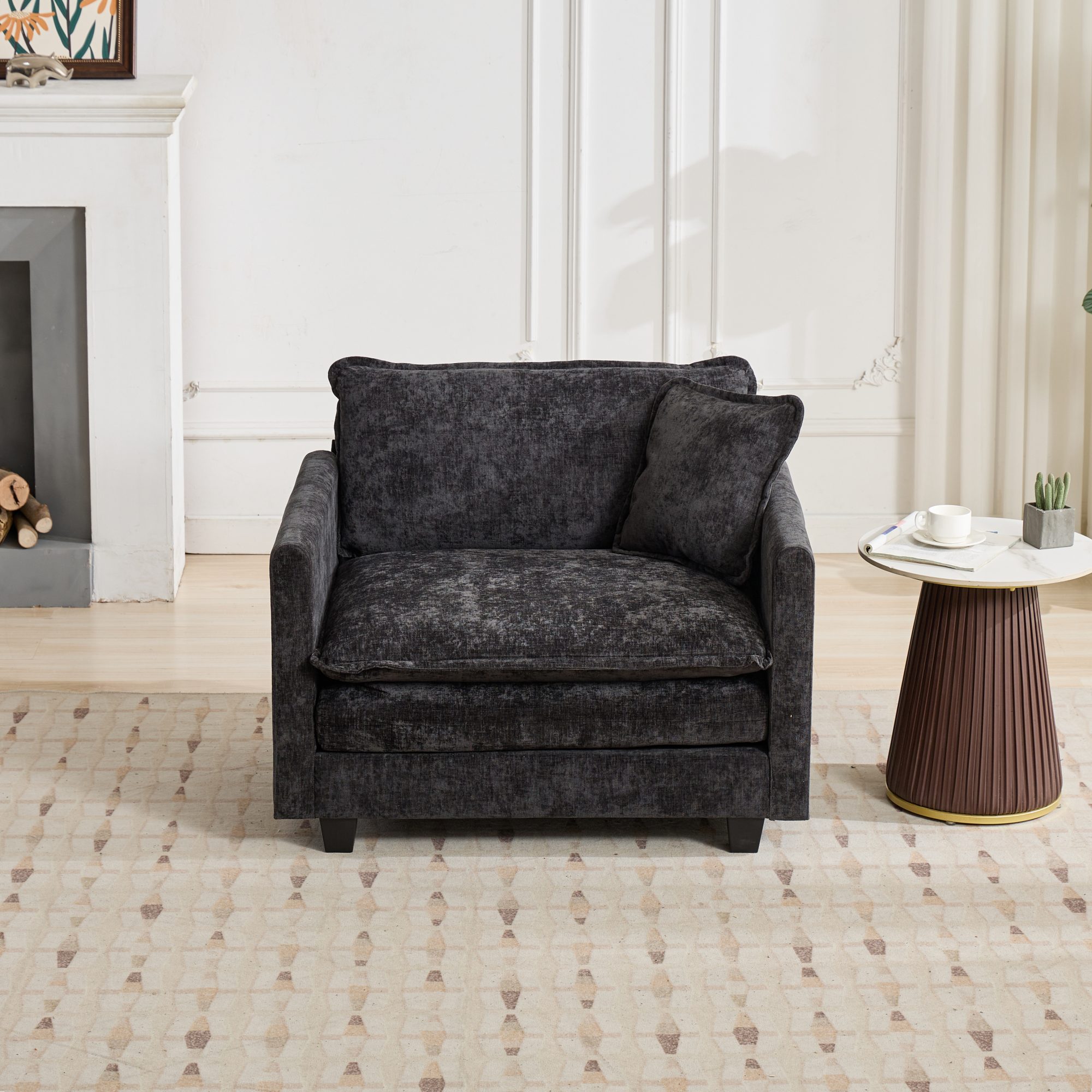 Canapé 1 place modulable en chenille noire pour appartement, coussin double couche et coussin de dossier