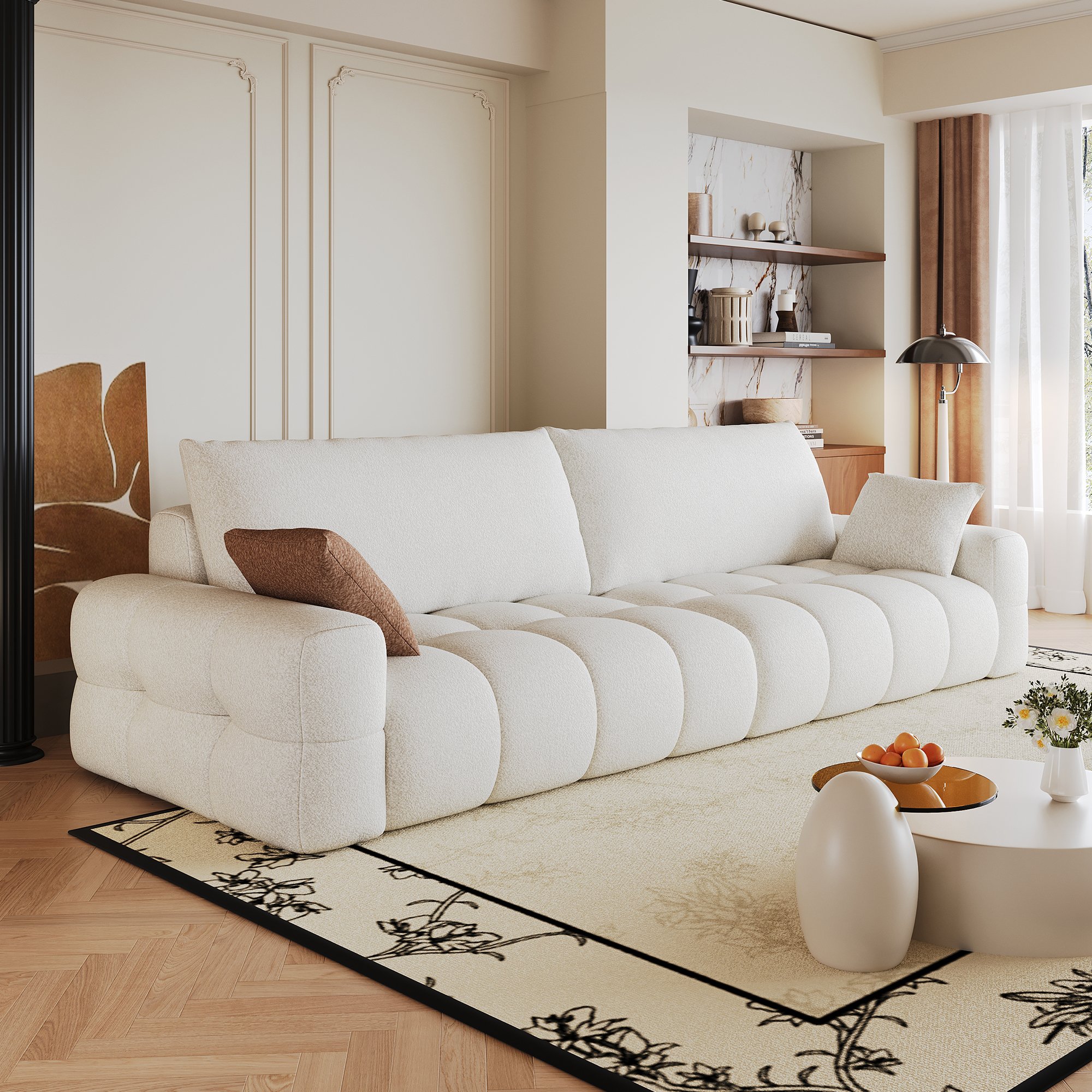 Canapé Modulable 260x105cm Tissu Blanc Crème Sans Montage Mousse Haute Densité Confort Nuage Salon Moderne