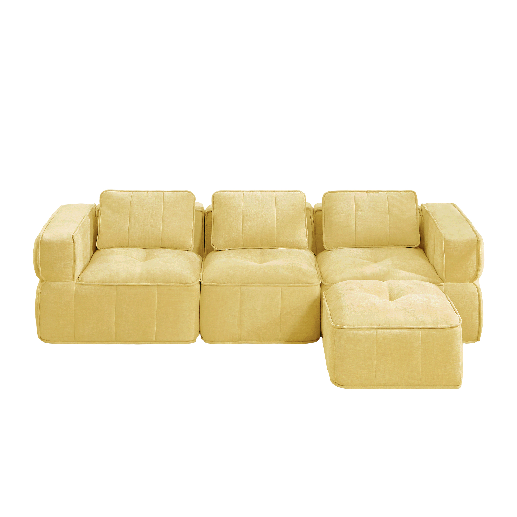 Ensemble canapé modulable jaune sans cadre avec pouf, tissu polyester anti-abrasion, livré en 4 colis, prêt à l'emploi