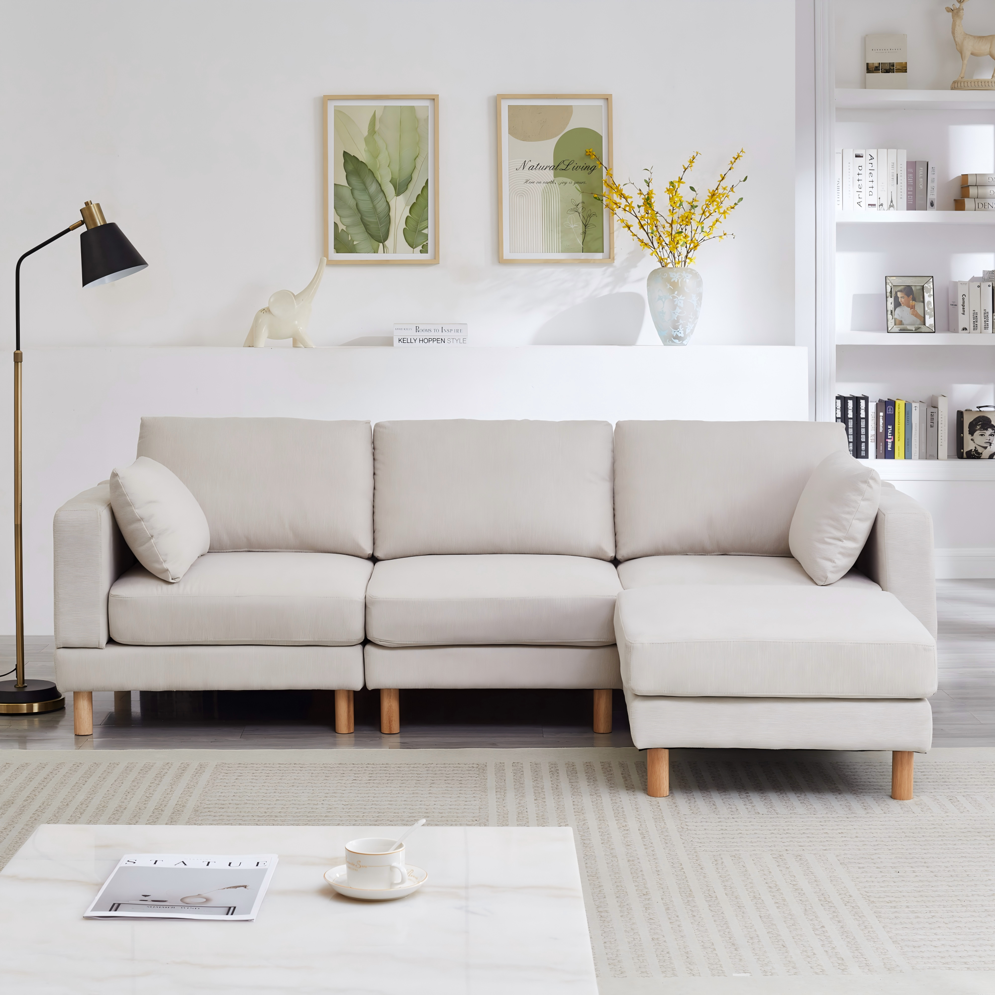 Canapé d'angle modulable 3 places avec pouf, tissu polyester beige, structure bois massif, design nordique moderne pour salon