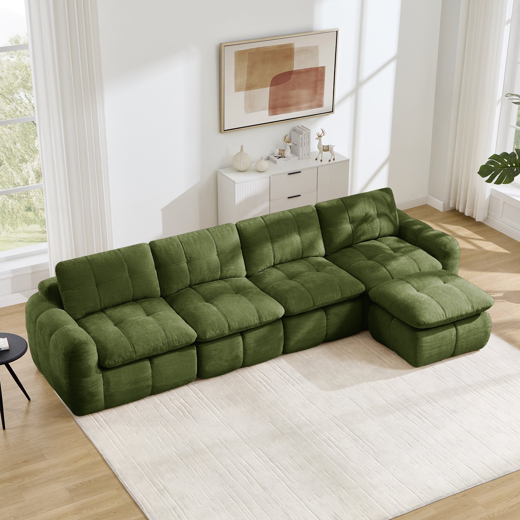 Canapé d'angle modulable 4 places en chenille verte, structure sans cadre avec ottoman inclus, idéal pour salon et appartement moderne