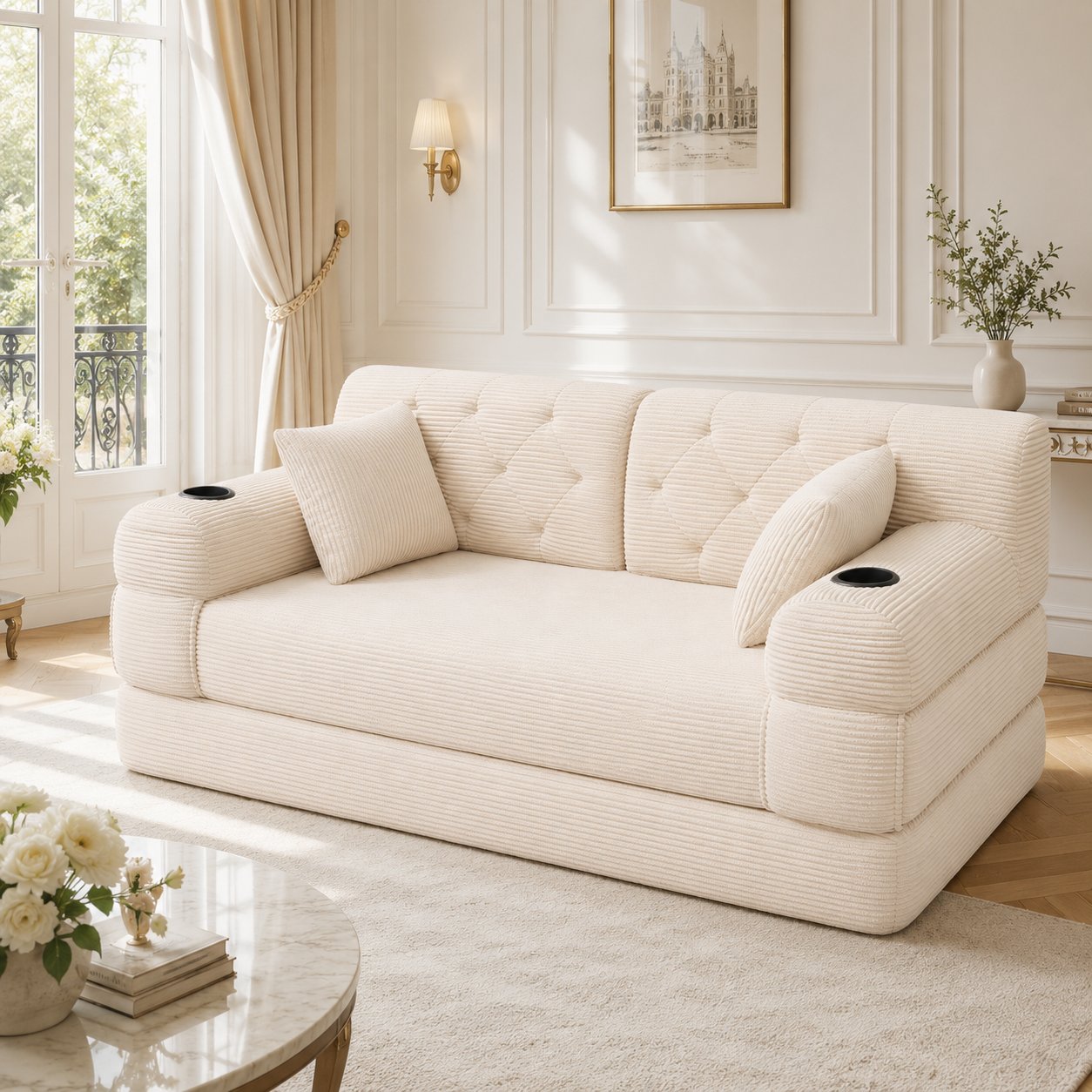 Petit canapé-lit 2 places 168x80x81 cm, tissu corduroy beige, dossier haut, 4 poches et 2 porte-gobelets, livraison en 2 colis